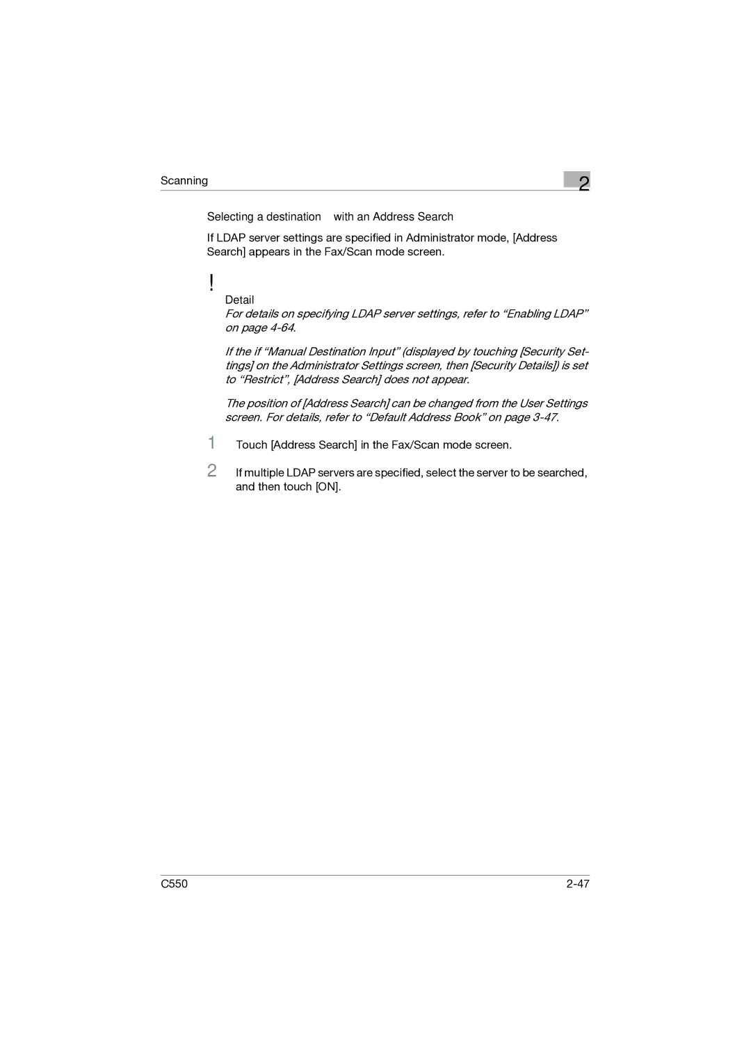 Konica Minolta C550 manual Selecting a destination with an Address Search, Detail 