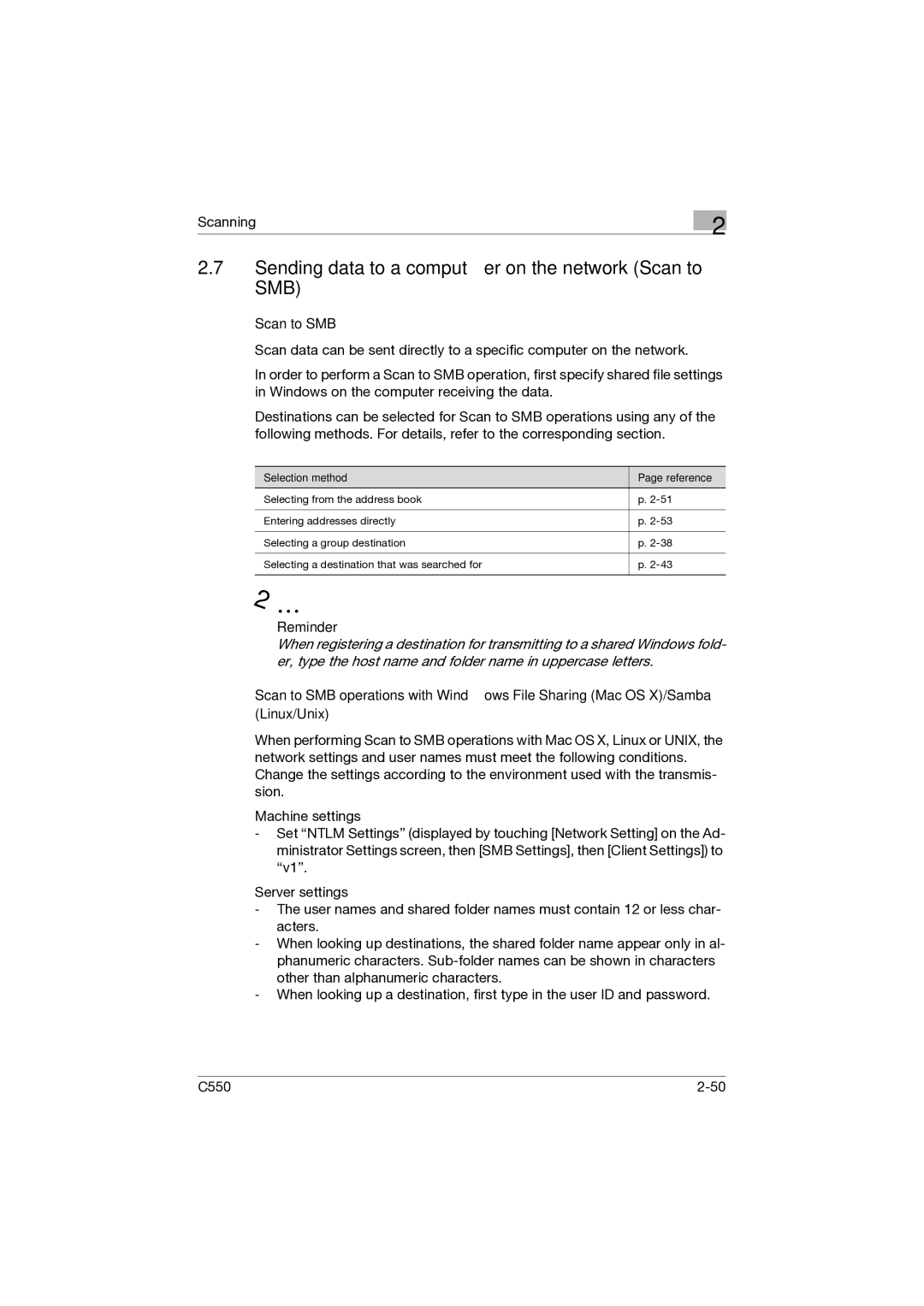 Konica Minolta C550 manual Sending data to a computer on the network Scan to SMB, Reminder 