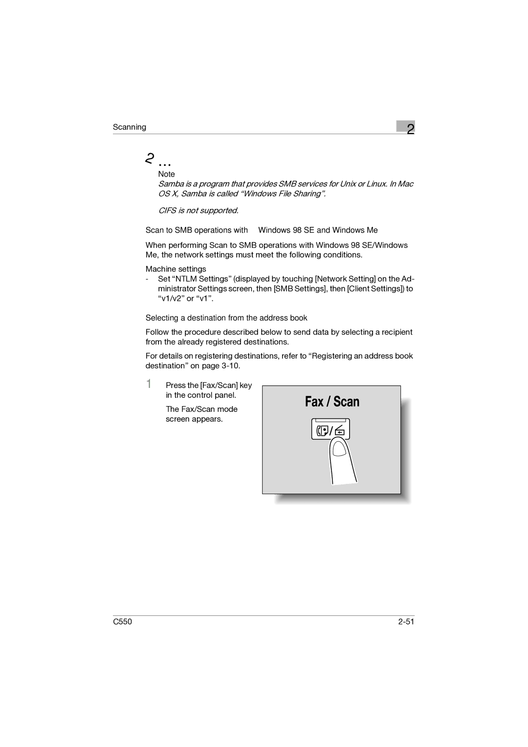 Konica Minolta C550 manual Scan to SMB operations with Windows 98 SE and Windows Me 