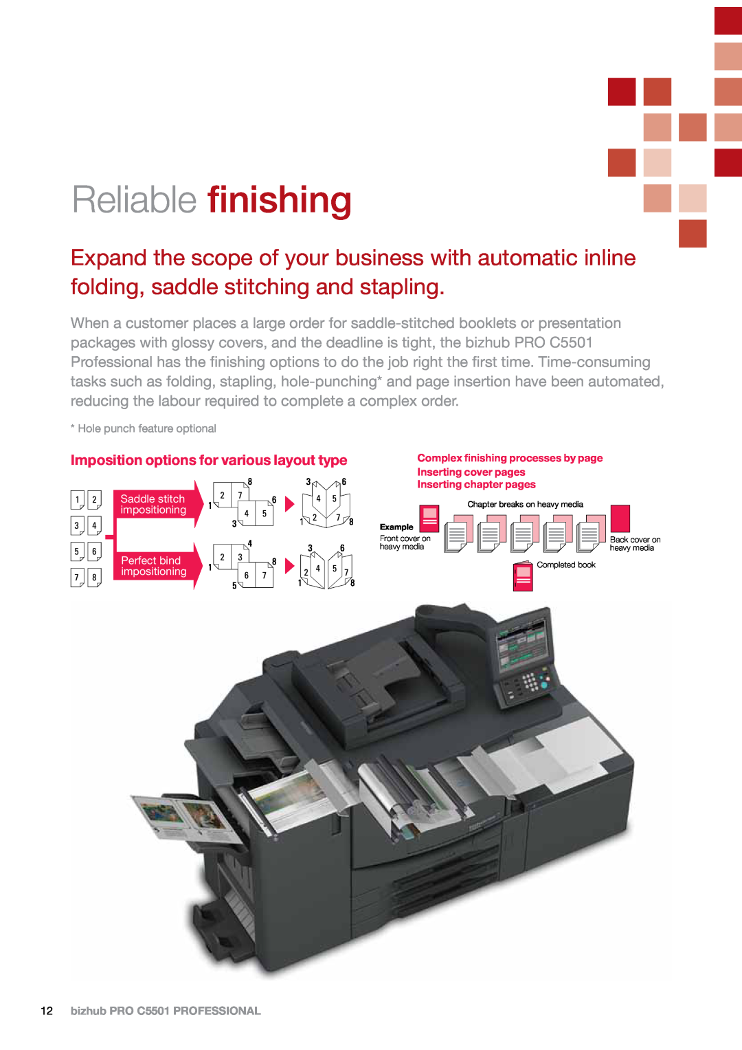 Konica Minolta C5501 manual Reliable finishing, Imposition options for various layout type 