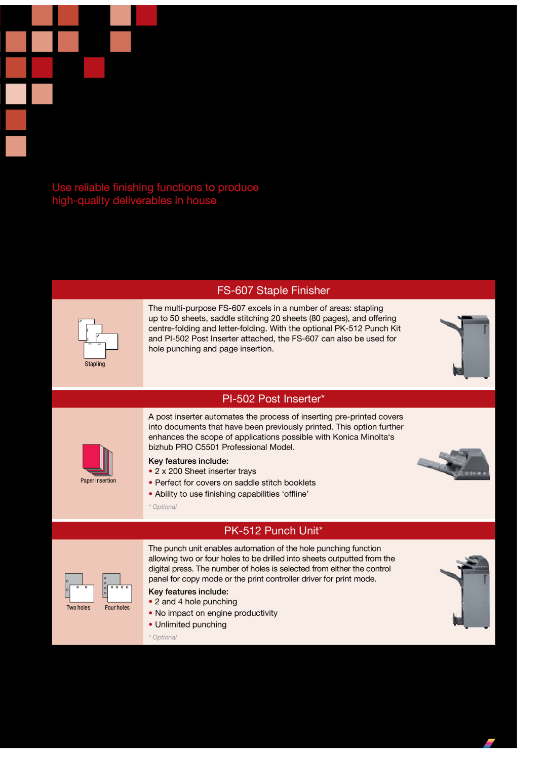 Konica Minolta C5501 manual FS-607Staple Finisher, PI-502Post Inserter, PK-512Punch Unit 