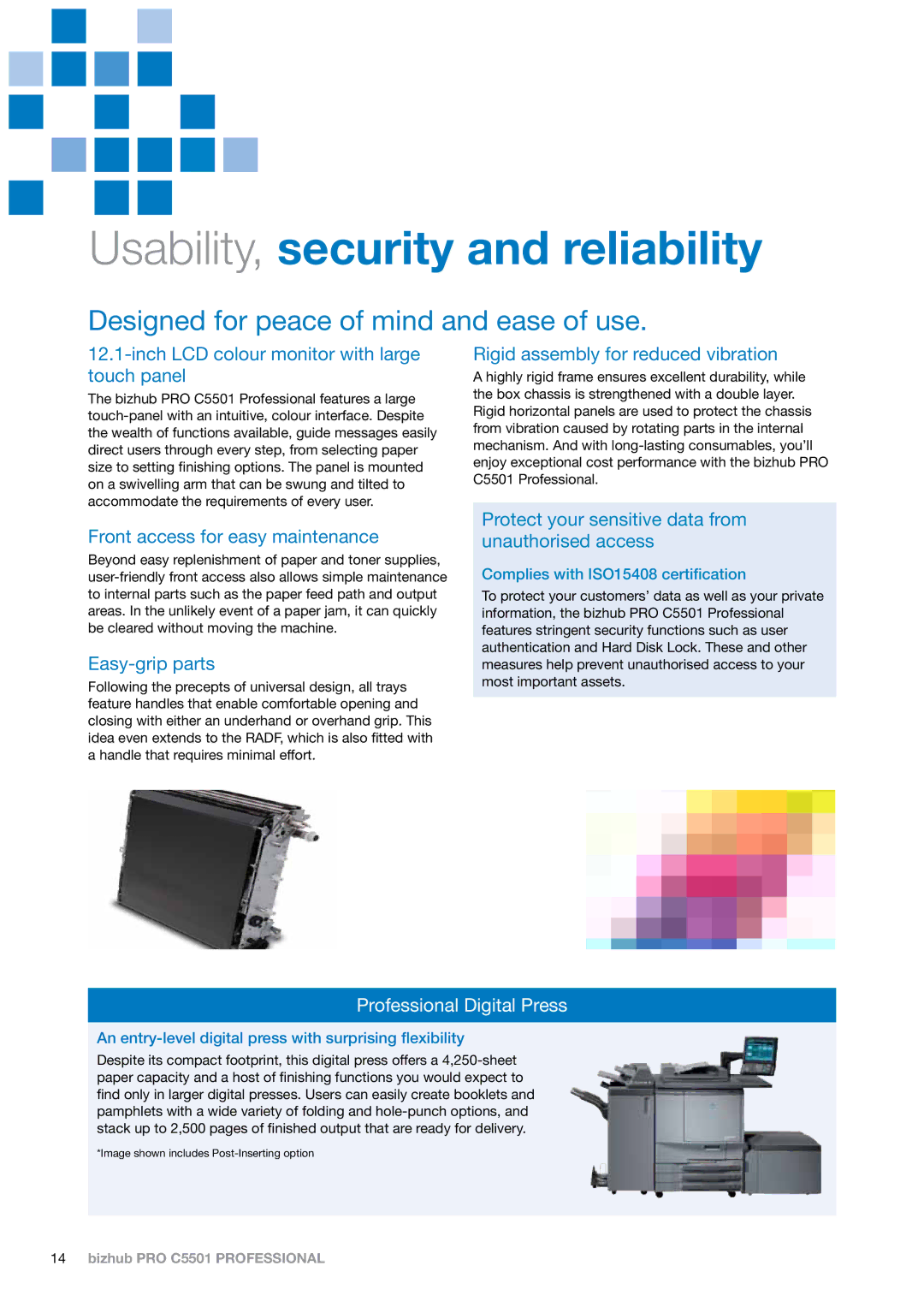 Konica Minolta C5501 manual Usability, security and reliability 