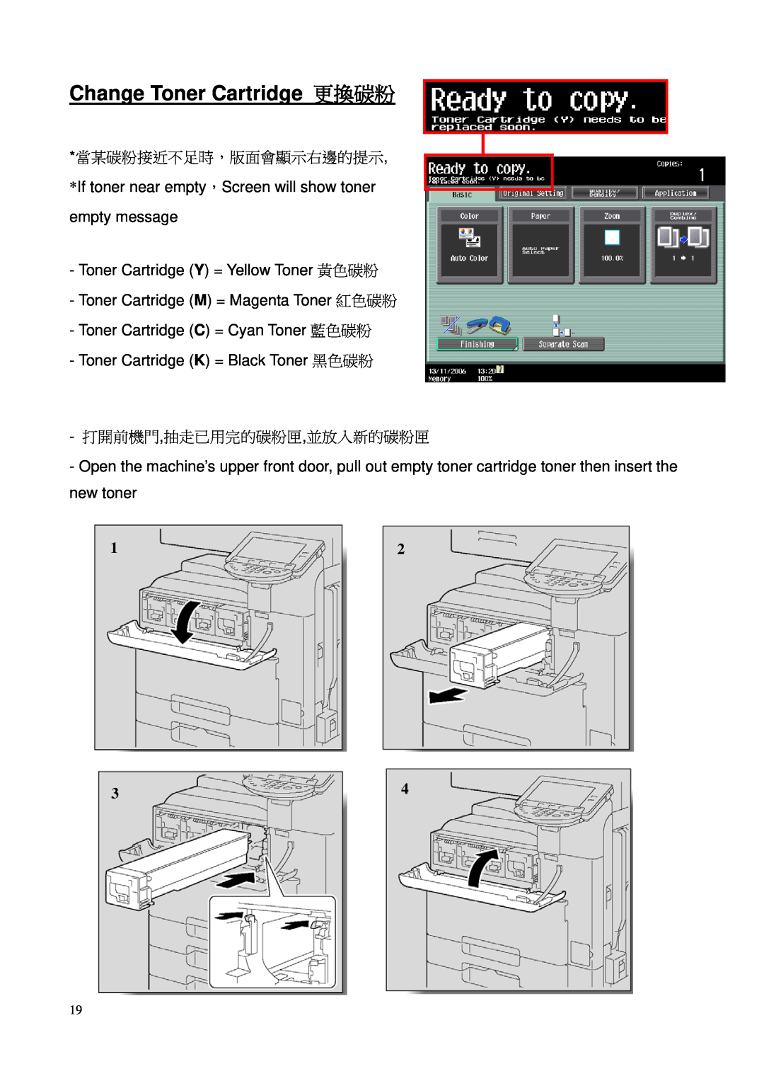 Konica Minolta C452, C552 manual Change Toner Cartridge 更換碳粉, 當某碳粉接近不足時，版面會顯示右邊的提示, 打開前機門,抽走已用完的碳粉匣,並放入新的碳粉匣 