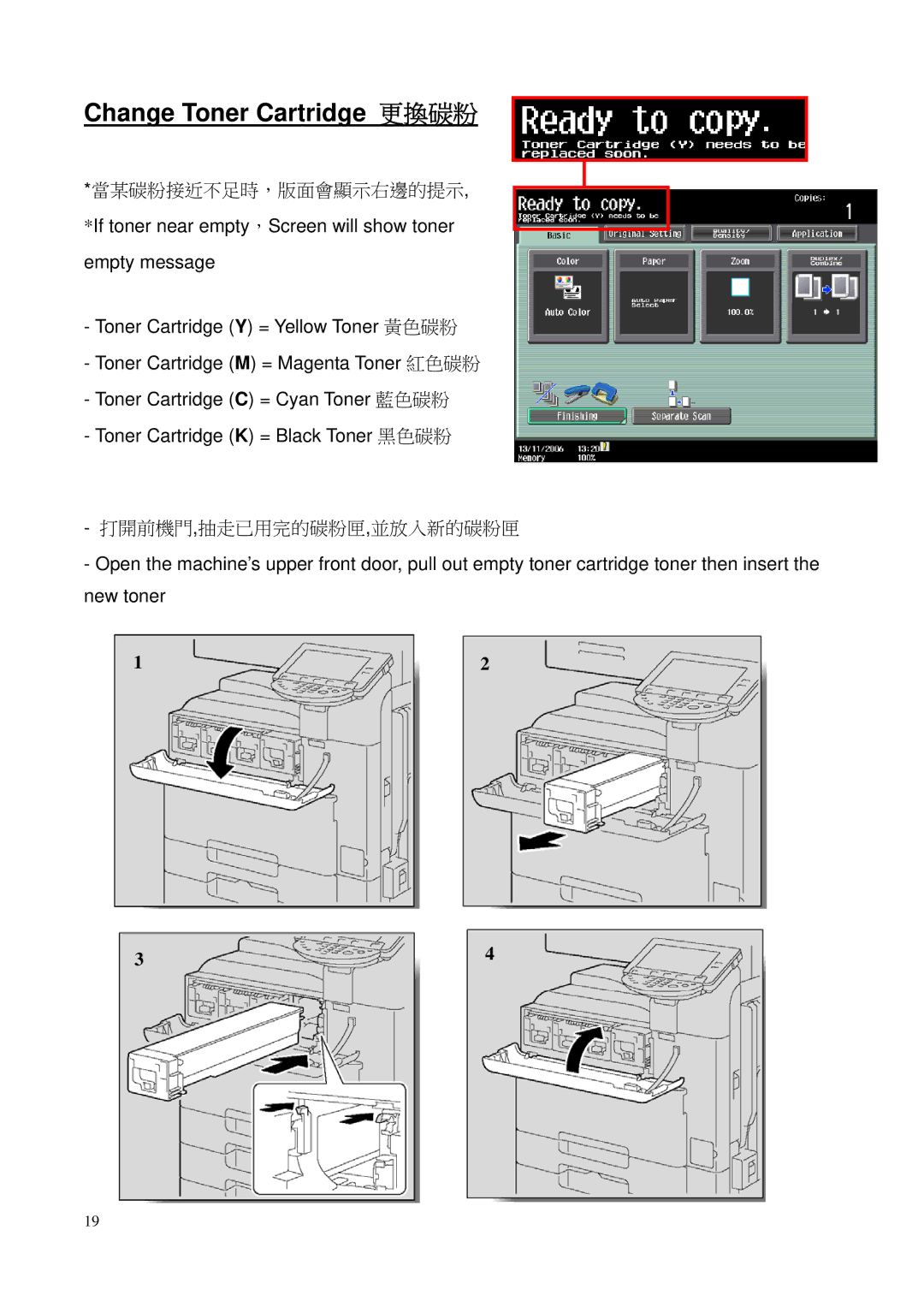 Konica Minolta C452, C552 manual Change Toner Cartridge 更換碳粉, 當某碳粉接近不足時，版面會顯示右邊的提示, 打開前機門,抽走已用完的碳粉匣,並放入新的碳粉匣 