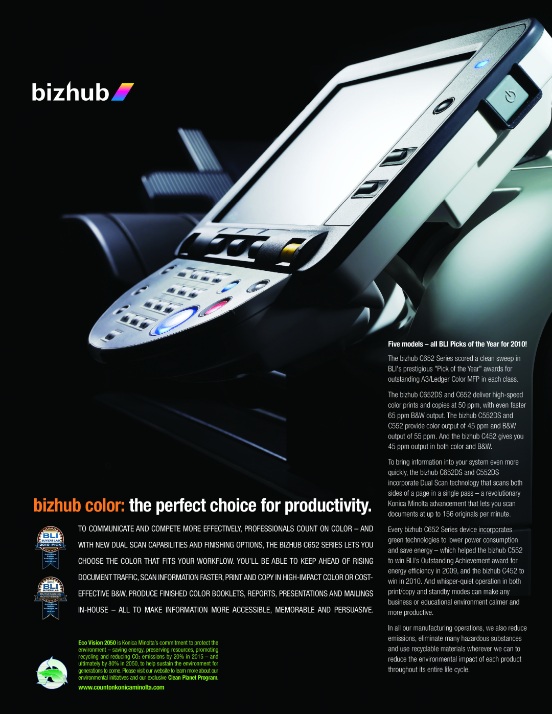 Konica Minolta C552DS manual Five models - all BLI Picks of the Year for, bizhub color the perfect choice for productivity 