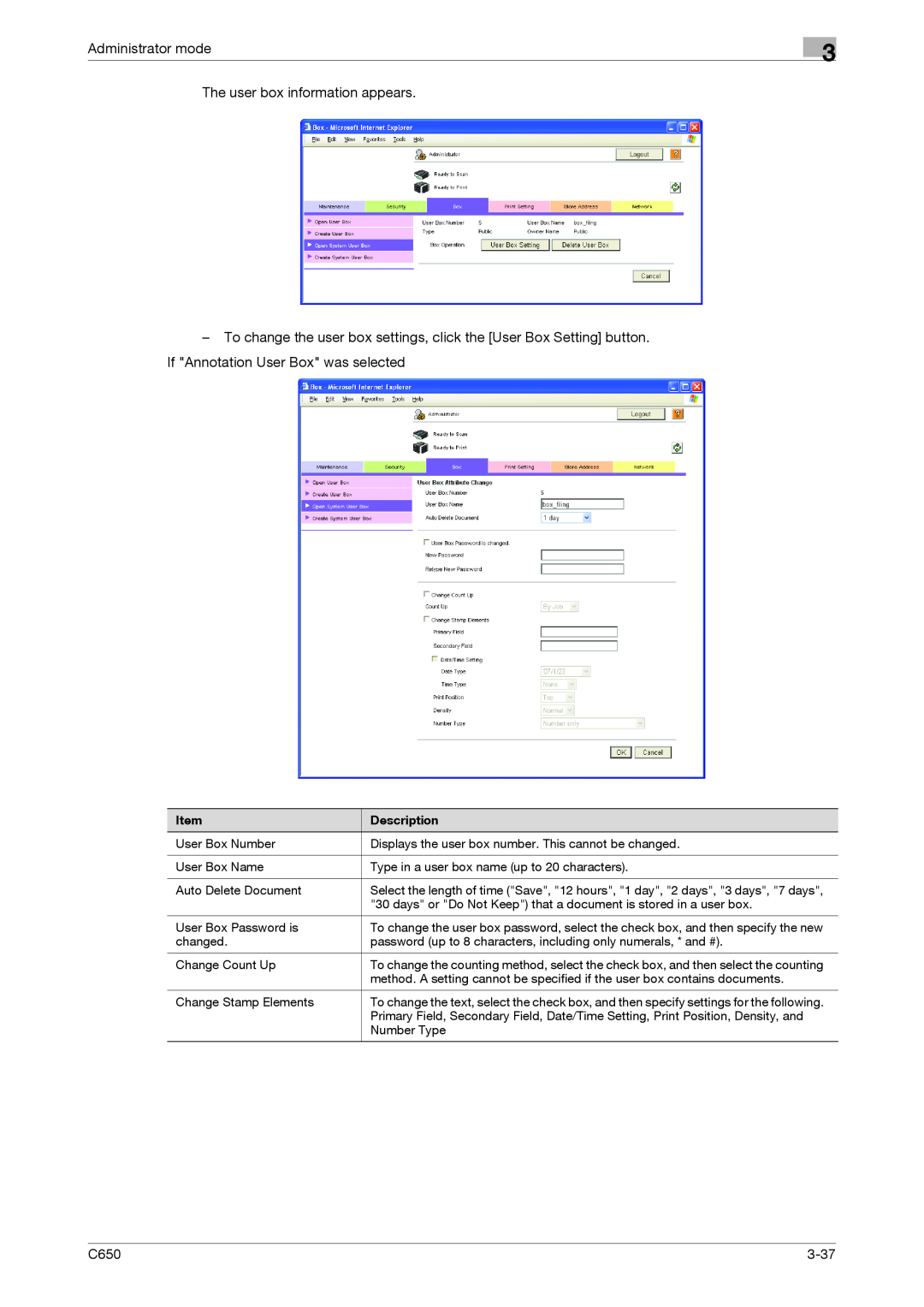 Konica Minolta C650 manual 3-37, Administrator mode, The user box information appears 