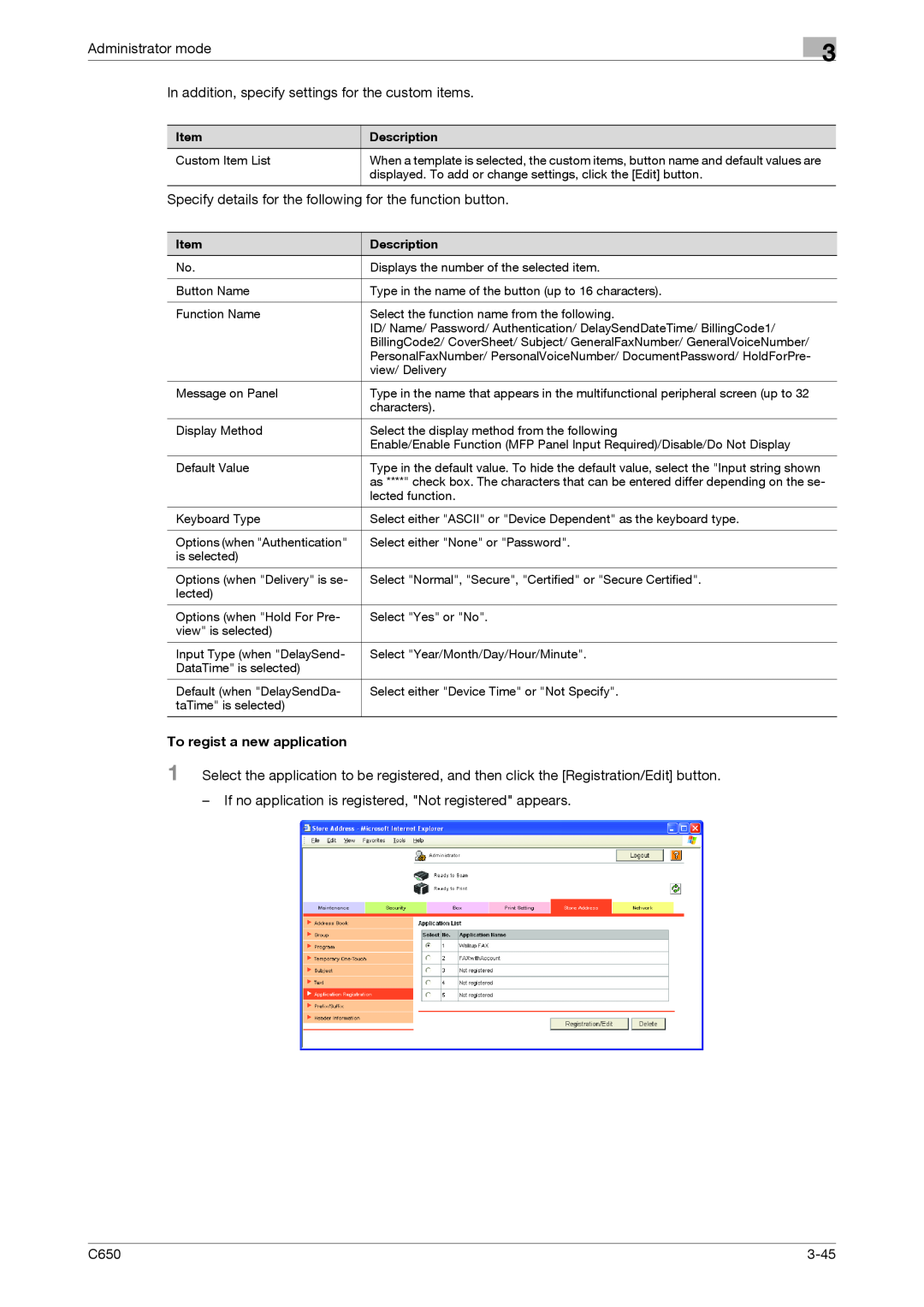 Konica Minolta C650 manual Administrator mode, To regist a new application, 3-45 