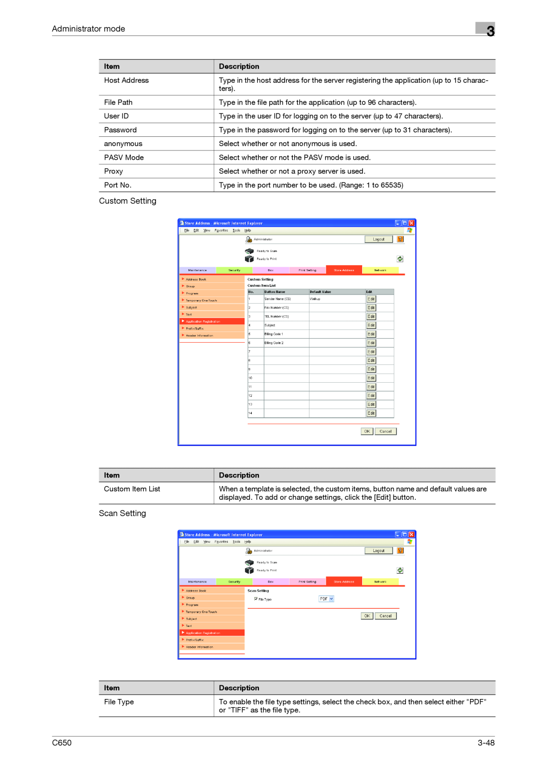 Konica Minolta C650 manual Custom Setting, Scan Setting, 3-48, Administrator mode 