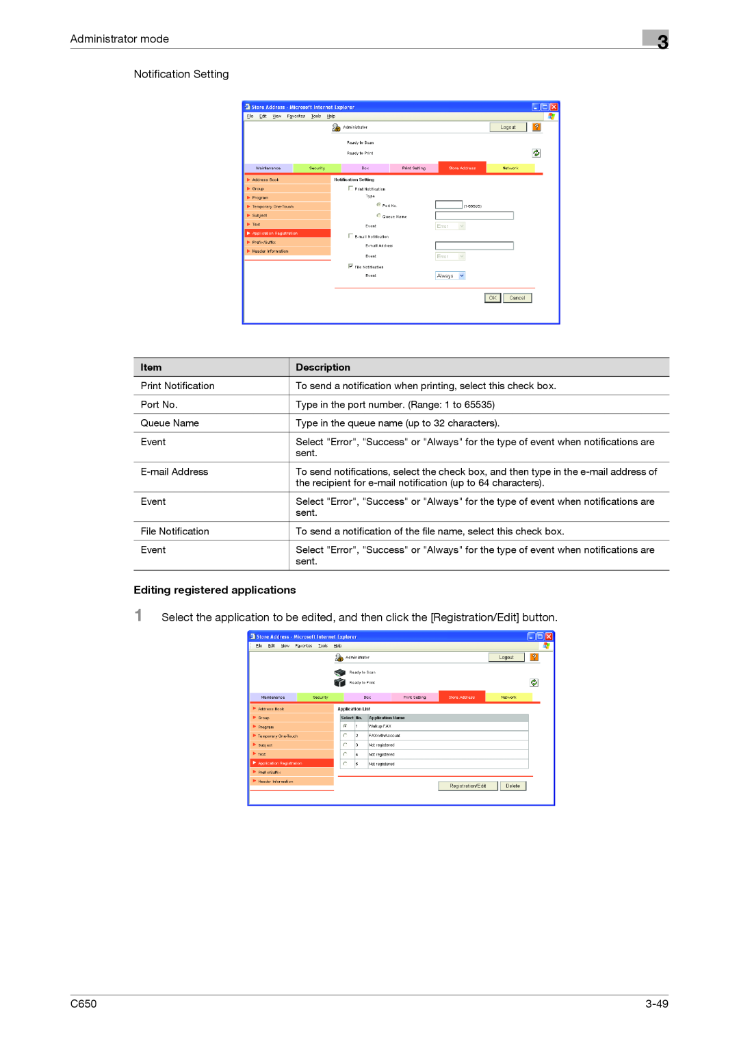 Konica Minolta C650 manual Administrator mode Notification Setting, Editing registered applications, 3-49 