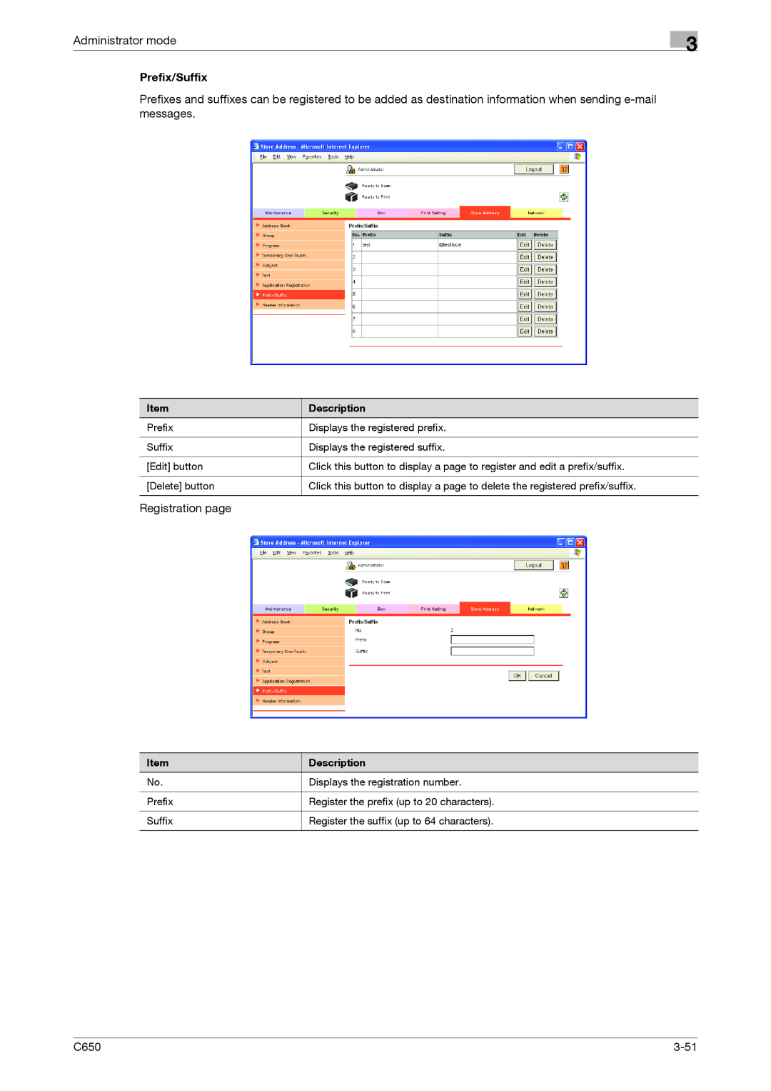 Konica Minolta C650 manual Administrator mode, Prefix/Suffix, Registration page, 3-51 