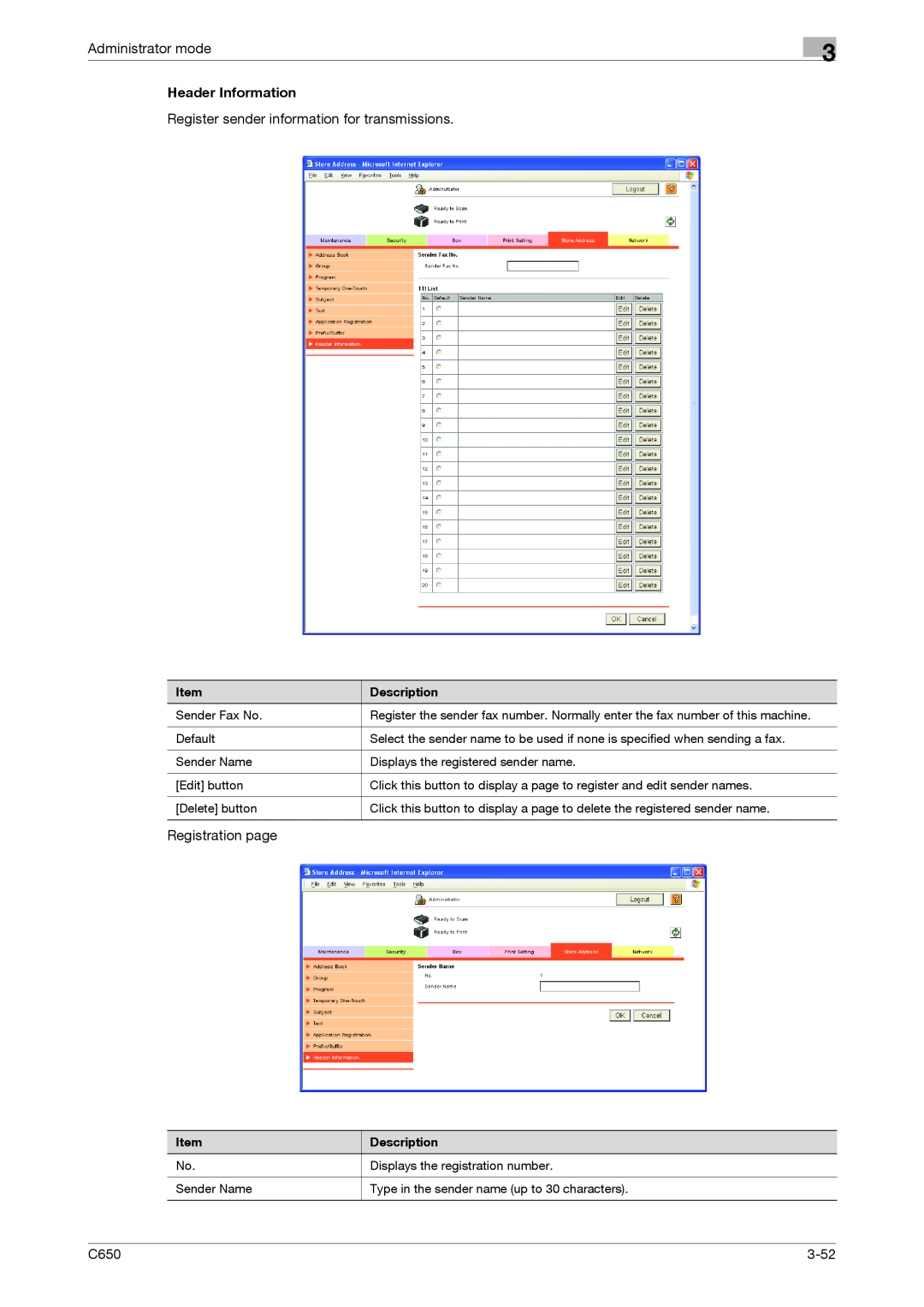 Konica Minolta C650 manual Register sender information for transmissions, Administrator mode, Registration page, 3-52 