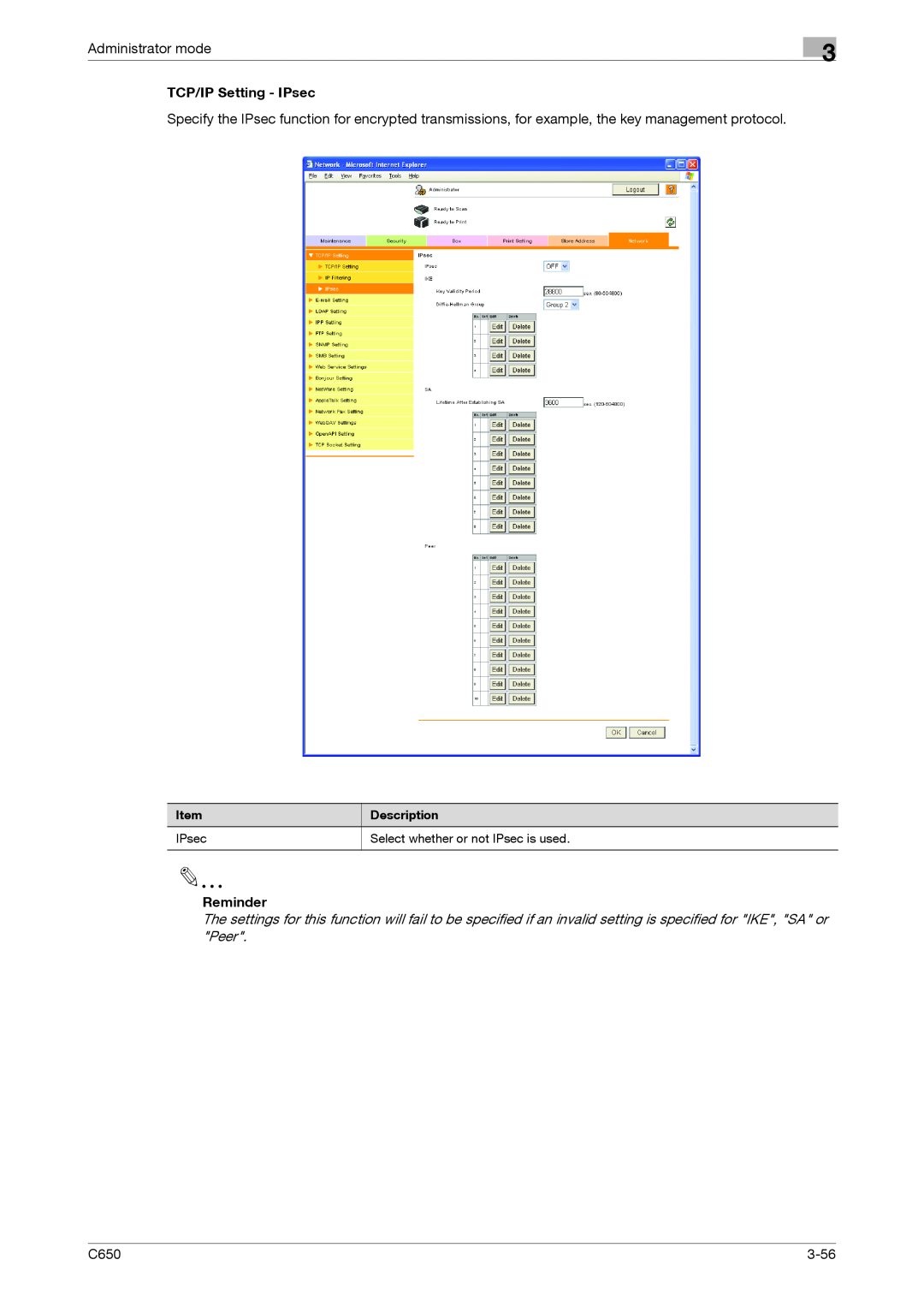 Konica Minolta C650 manual Administrator mode, TCP/IP Setting - IPsec, Reminder, 3-56 