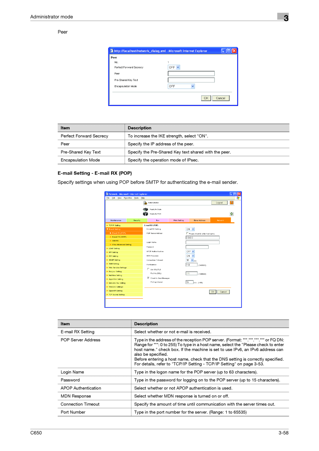 Konica Minolta C650 manual Administrator mode Peer, E-mailSetting - E-mailRX POP, 3-58 