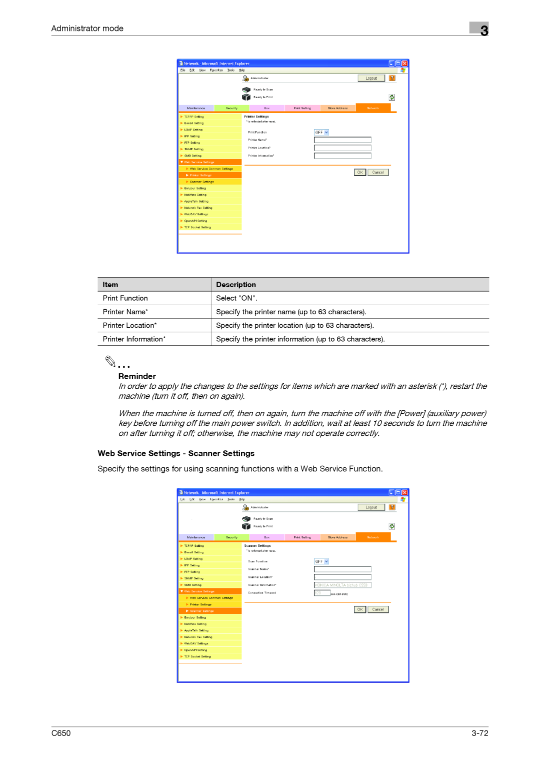Konica Minolta C650 manual Administrator mode, Reminder, Web Service Settings - Scanner Settings, 3-72 