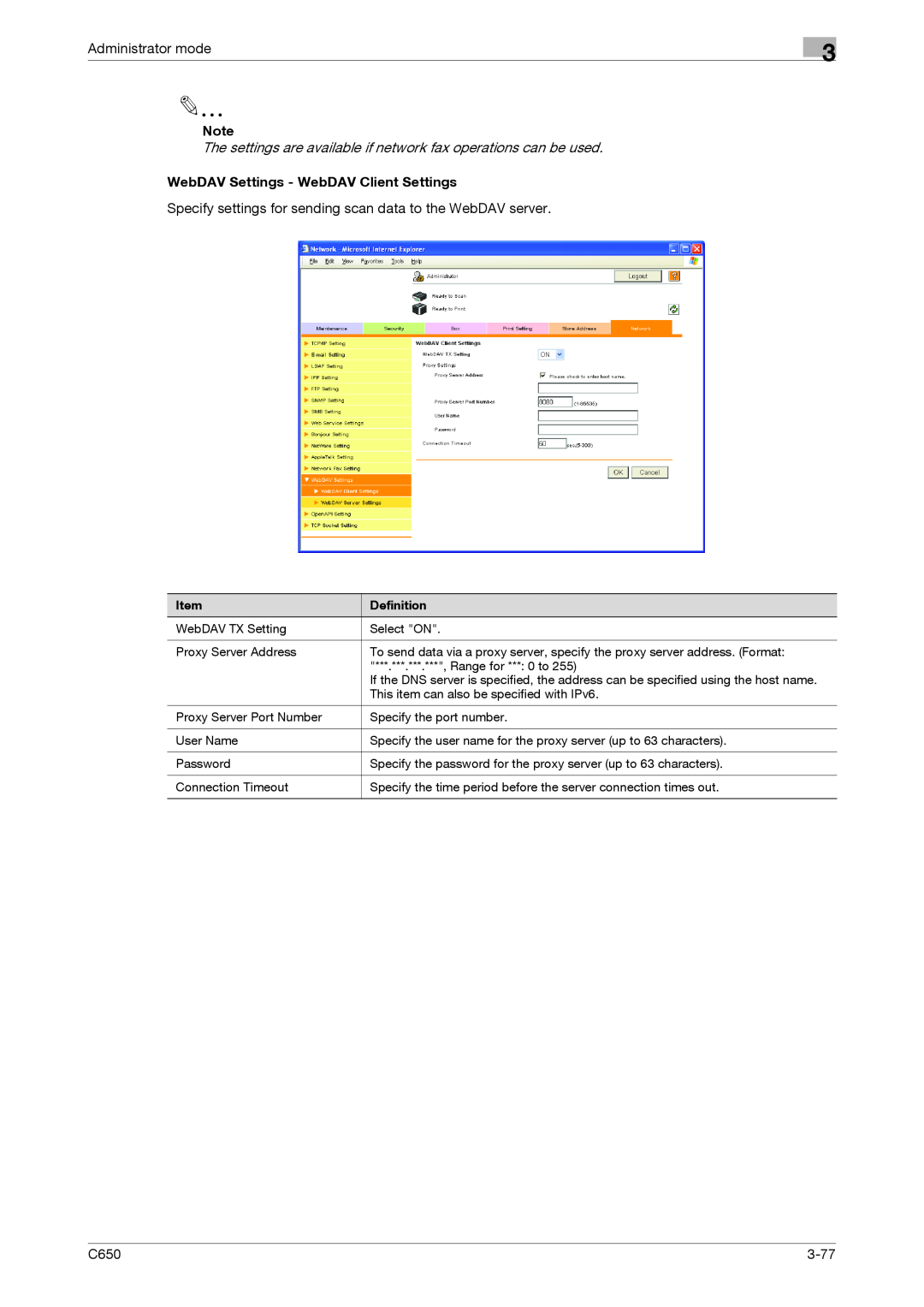 Konica Minolta C650 manual Administrator mode, WebDAV Settings - WebDAV Client Settings, 3-77 