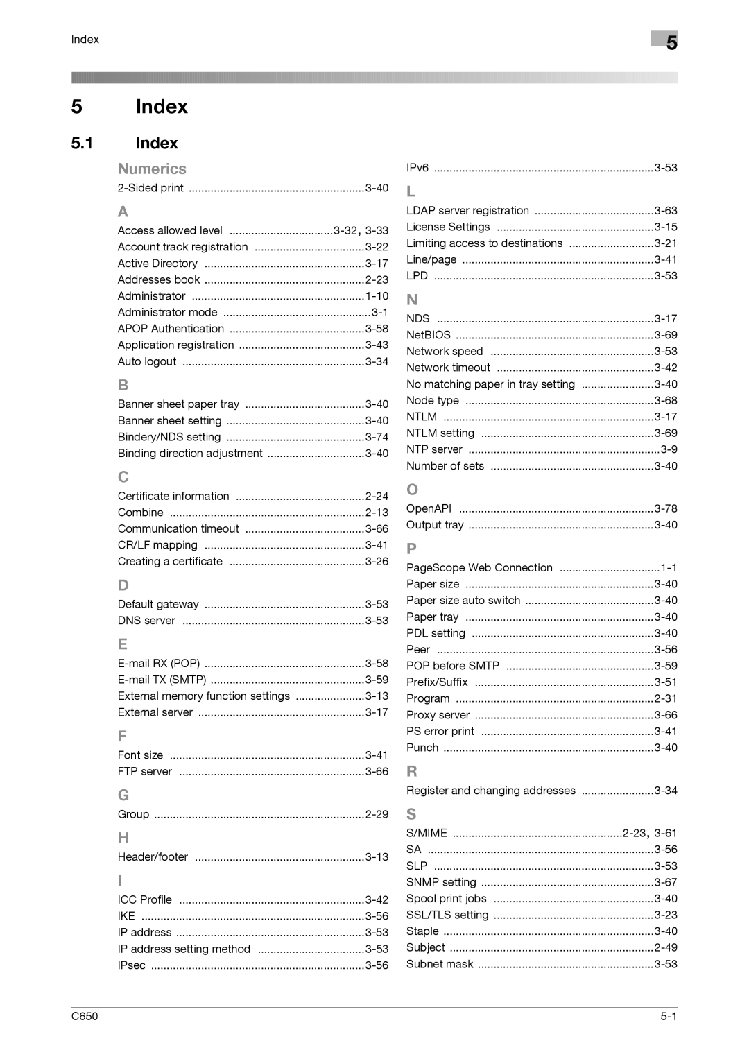 Konica Minolta C650 manual Index, Numerics 