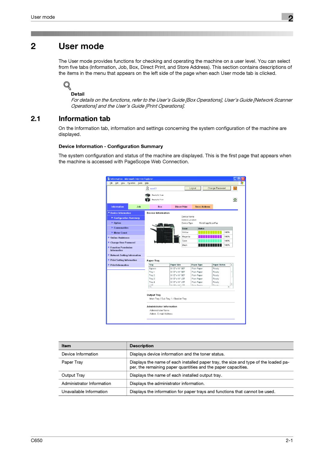 Konica Minolta C650 manual User mode, 2.1Information tab 