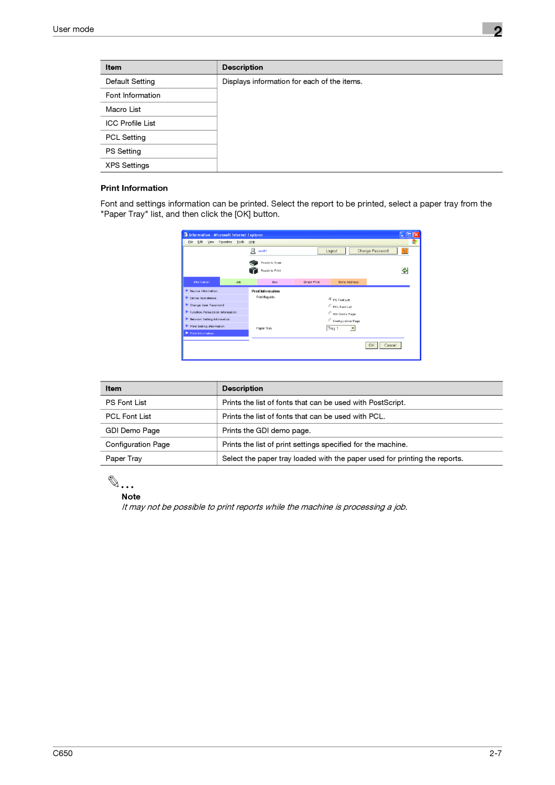 Konica Minolta C650 manual User mode, Print Information 