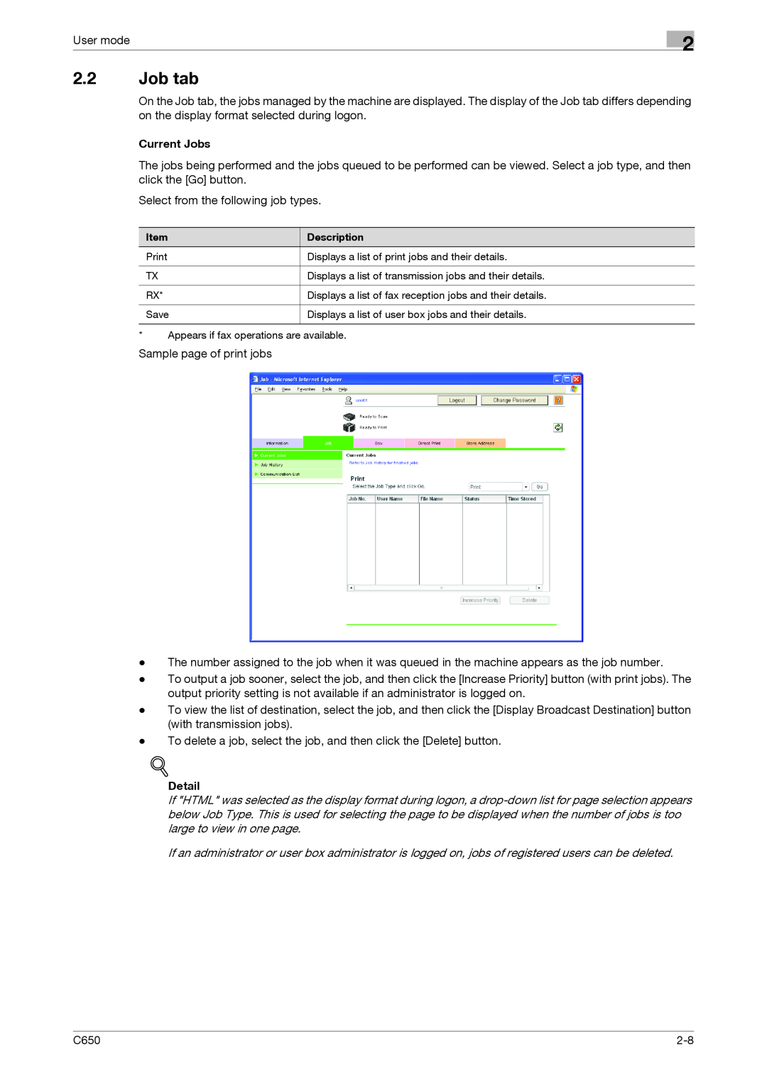Konica Minolta C650 manual 2.2Job tab, Current Jobs, Detail 