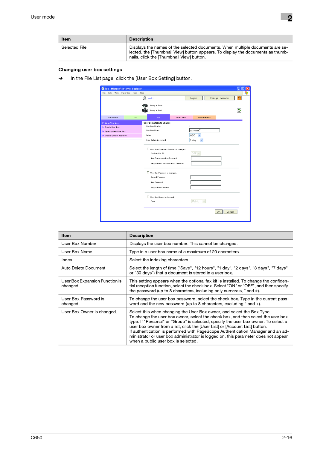 Konica Minolta C650 manual User mode, Changing user box settings, 2-16 