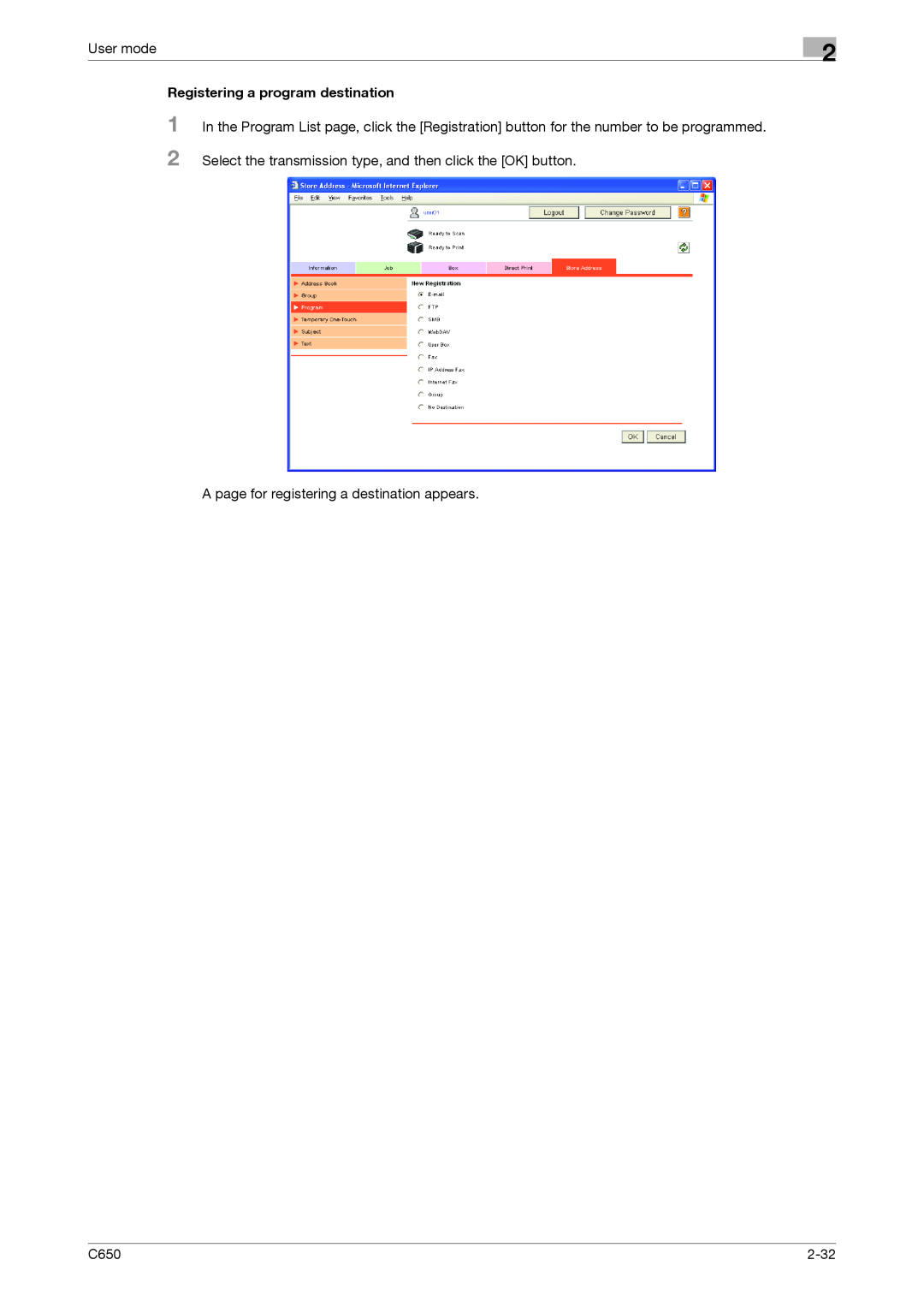 Konica Minolta C650 manual User mode, Registering a program destination, A page for registering a destination appears, 2-32 