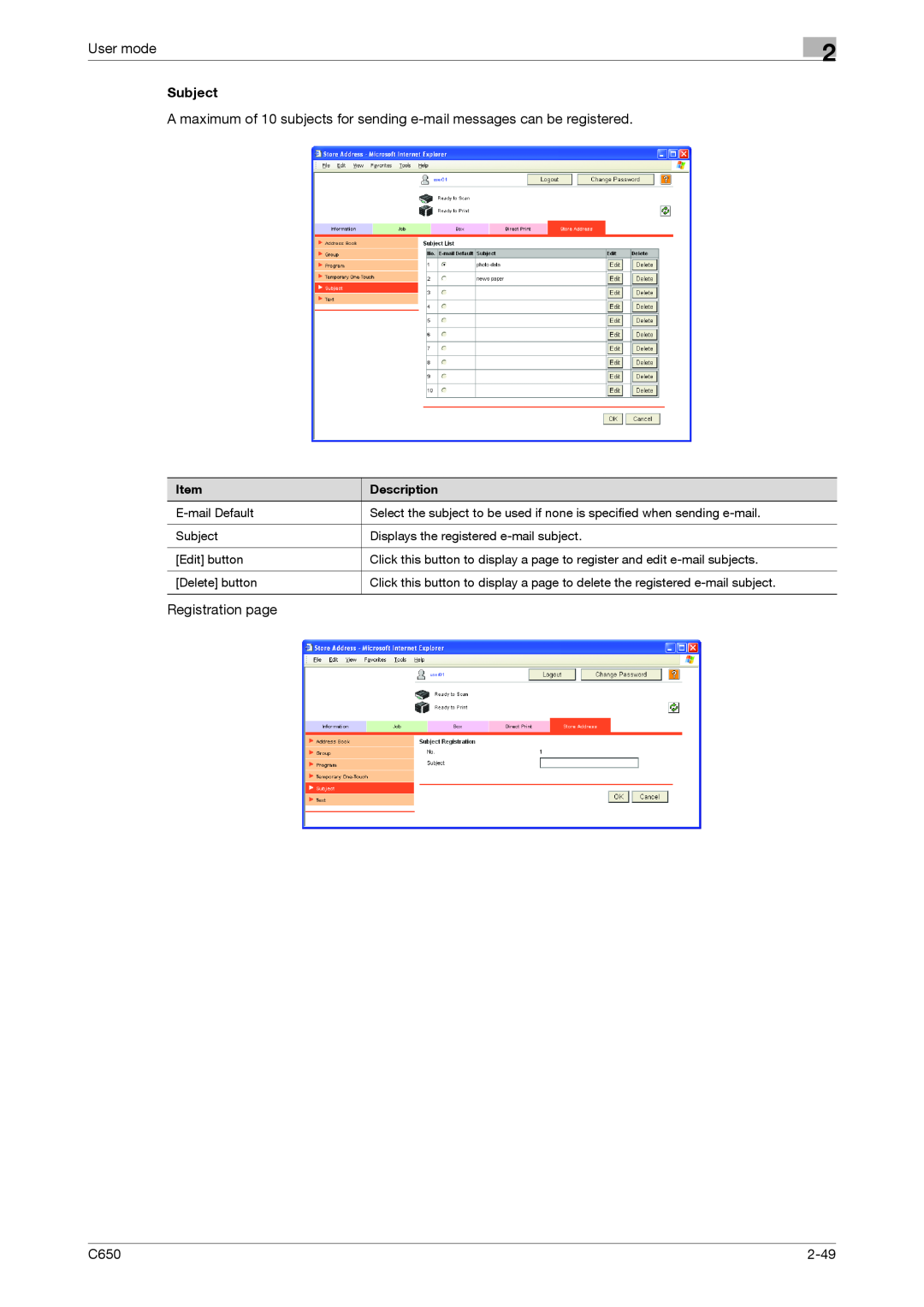 Konica Minolta C650 manual Registration page, User mode, Subject, 2-49 