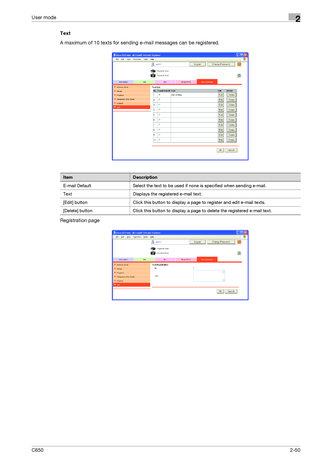 Konica Minolta C650 manual User mode, Text, Registration page, 2-50 