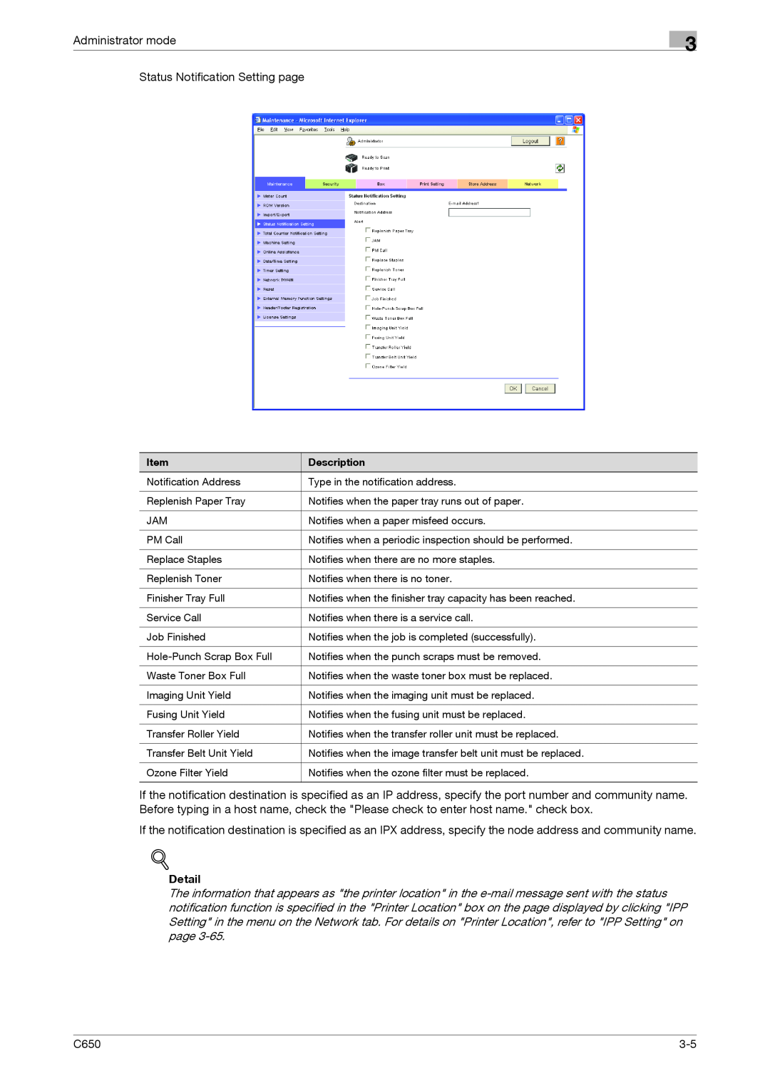 Konica Minolta C650 manual Status Notification Setting page, Administrator mode 