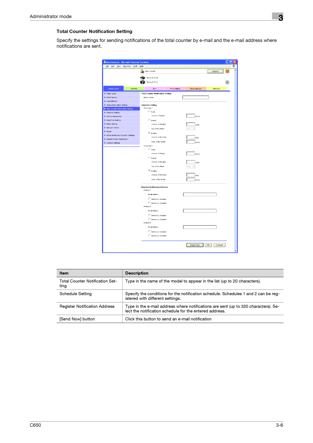 Konica Minolta C650 manual Administrator mode, Total Counter Notification Setting 