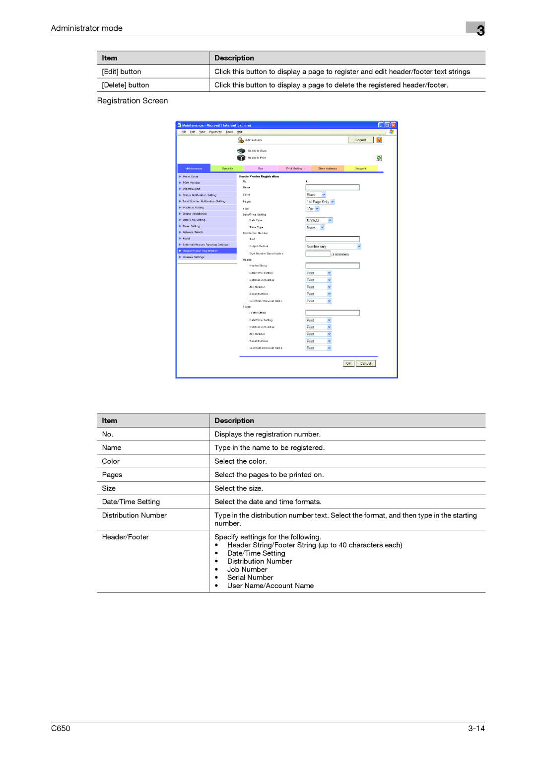 Konica Minolta C650 manual Registration Screen, 3-14, Administrator mode 