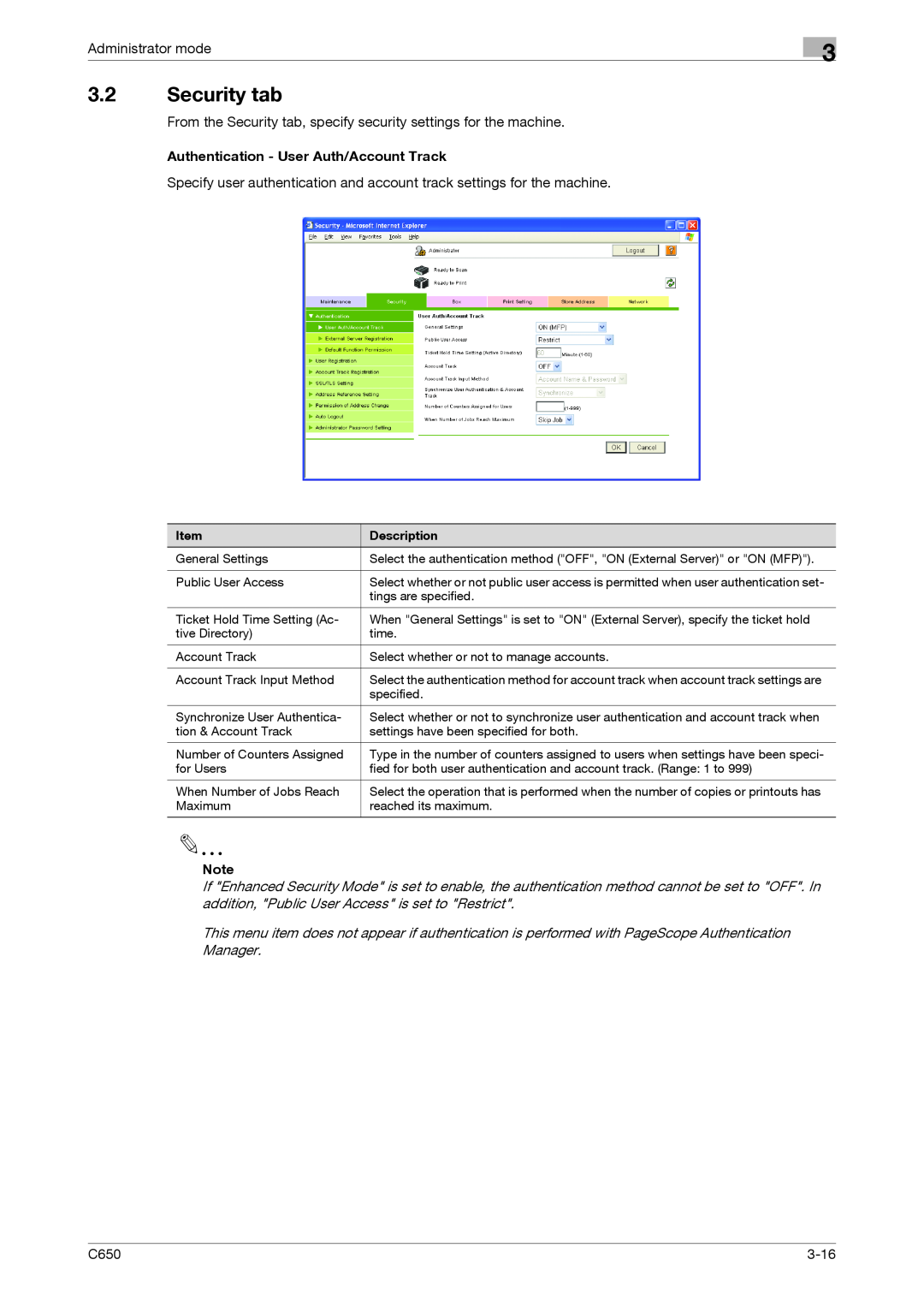 Konica Minolta C650 manual 3.2Security tab, Authentication - User Auth/Account Track 
