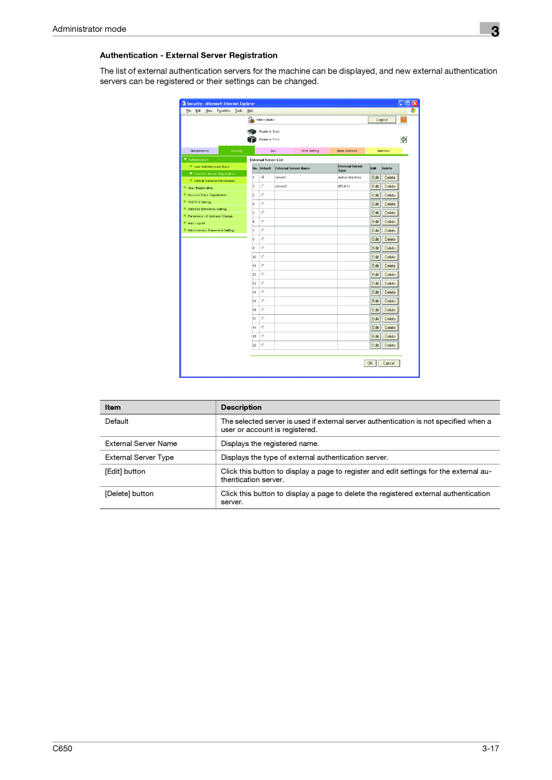 Konica Minolta C650 manual Administrator mode, Authentication - External Server Registration, 3-17 