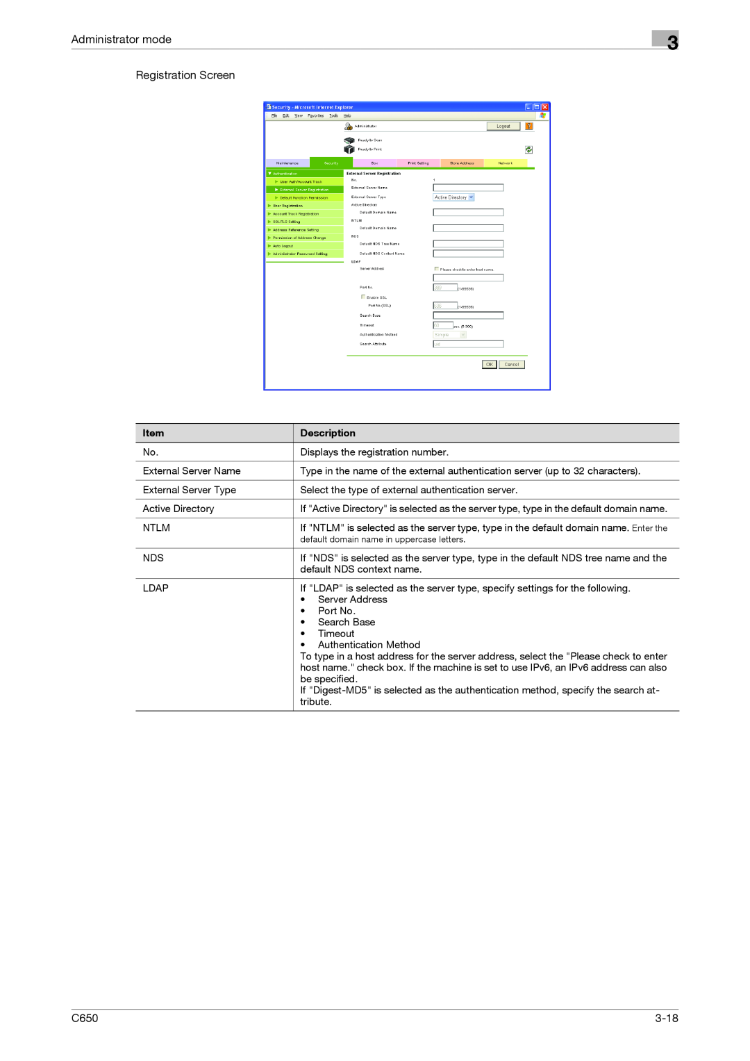 Konica Minolta C650 manual Administrator mode Registration Screen, 3-18 