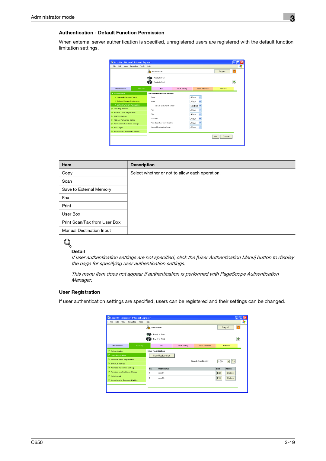 Konica Minolta C650 manual Authentication - Default Function Permission, Detail, User Registration 