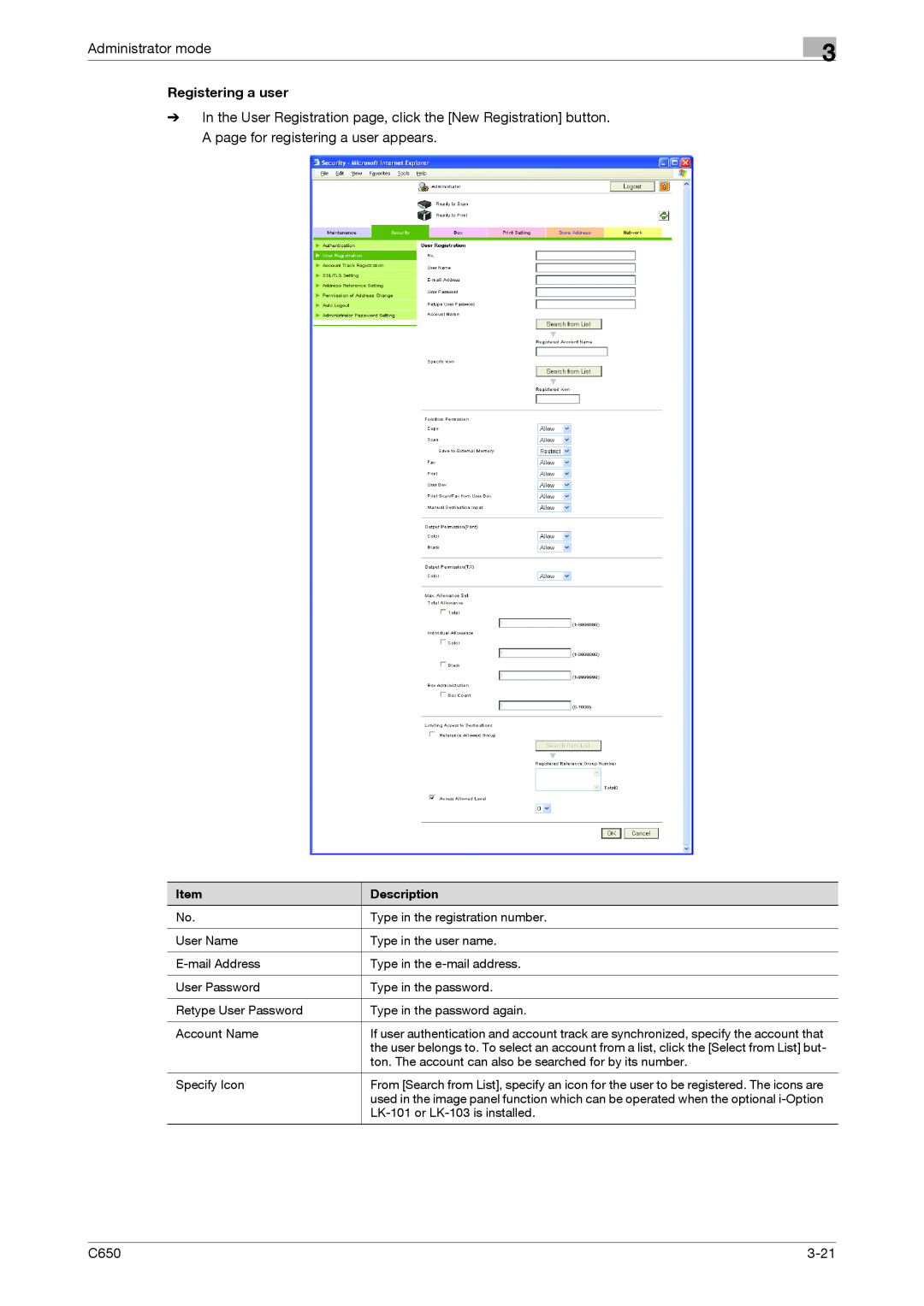 Konica Minolta C650 manual Administrator mode, Registering a user, 3-21 
