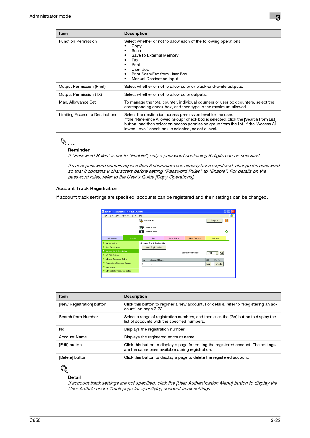 Konica Minolta C650 manual Administrator mode, Reminder, Account Track Registration, Detail, 3-22 