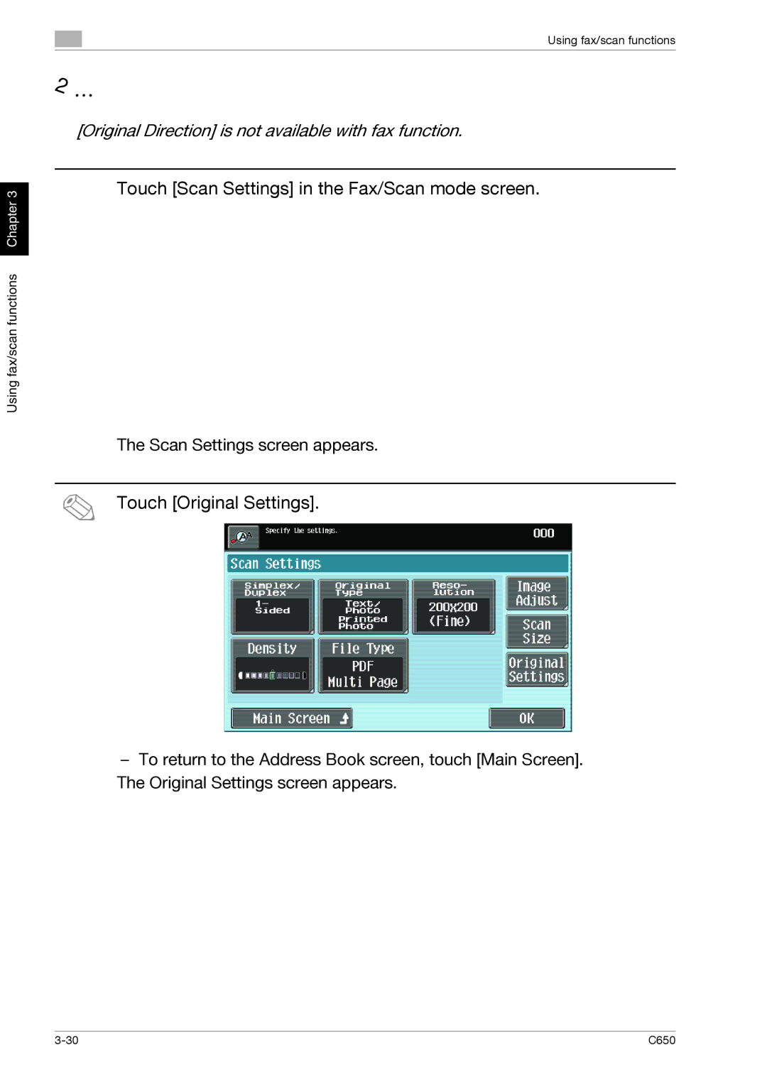 Konica Minolta C650 manual Touch Original Settings, Touch Scan Settings in the Fax/Scan mode screen 