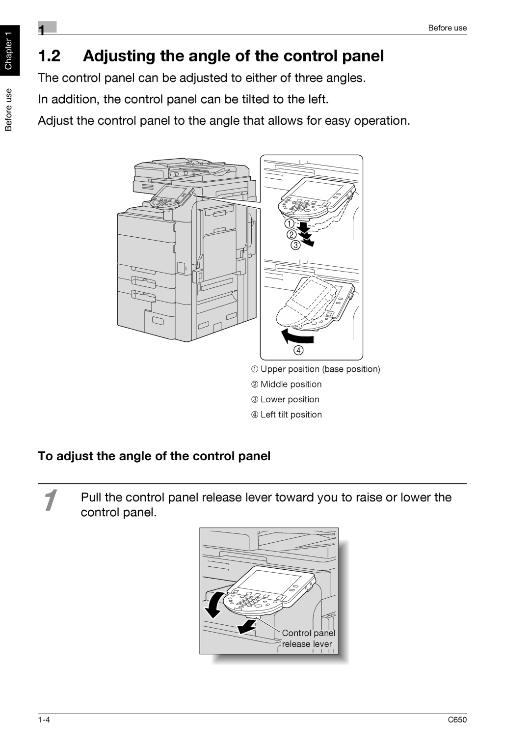 Konica Minolta C650 Adjusting the angle of the control panel, To adjust the angle of the control panel, Control panel 