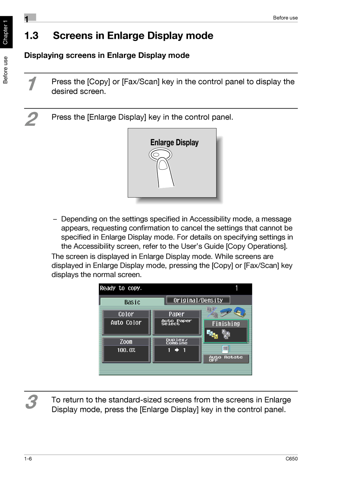 Konica Minolta C650 manual Screens in Enlarge Display mode, Displaying screens in Enlarge Display mode, Desired screen 