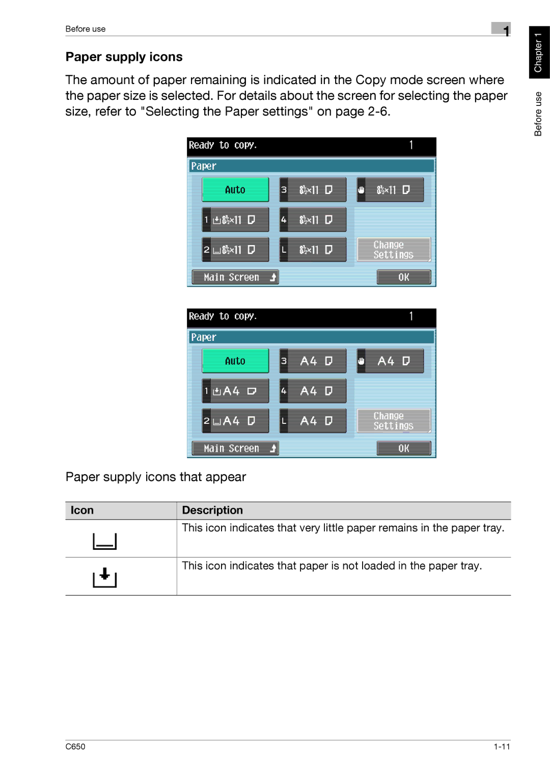 Konica Minolta C650 manual Paper supply icons 