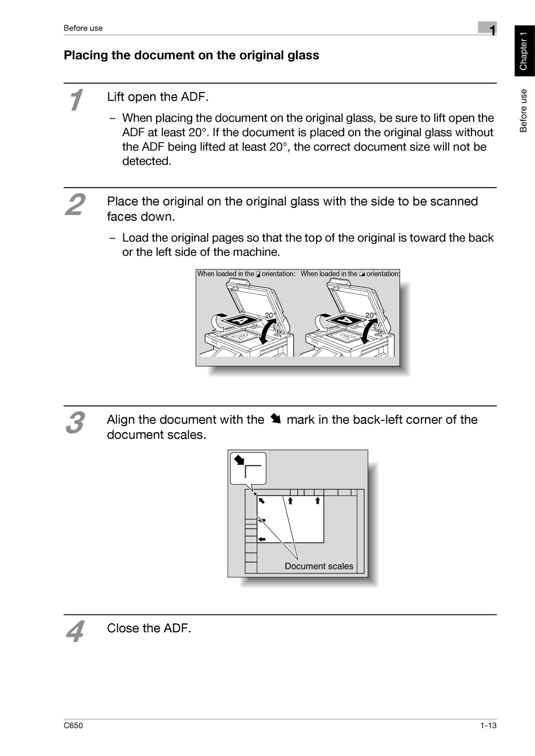 Konica Minolta C650 manual Placing the document on the original glass, Faces down, Lift open the ADF, Close the ADF 