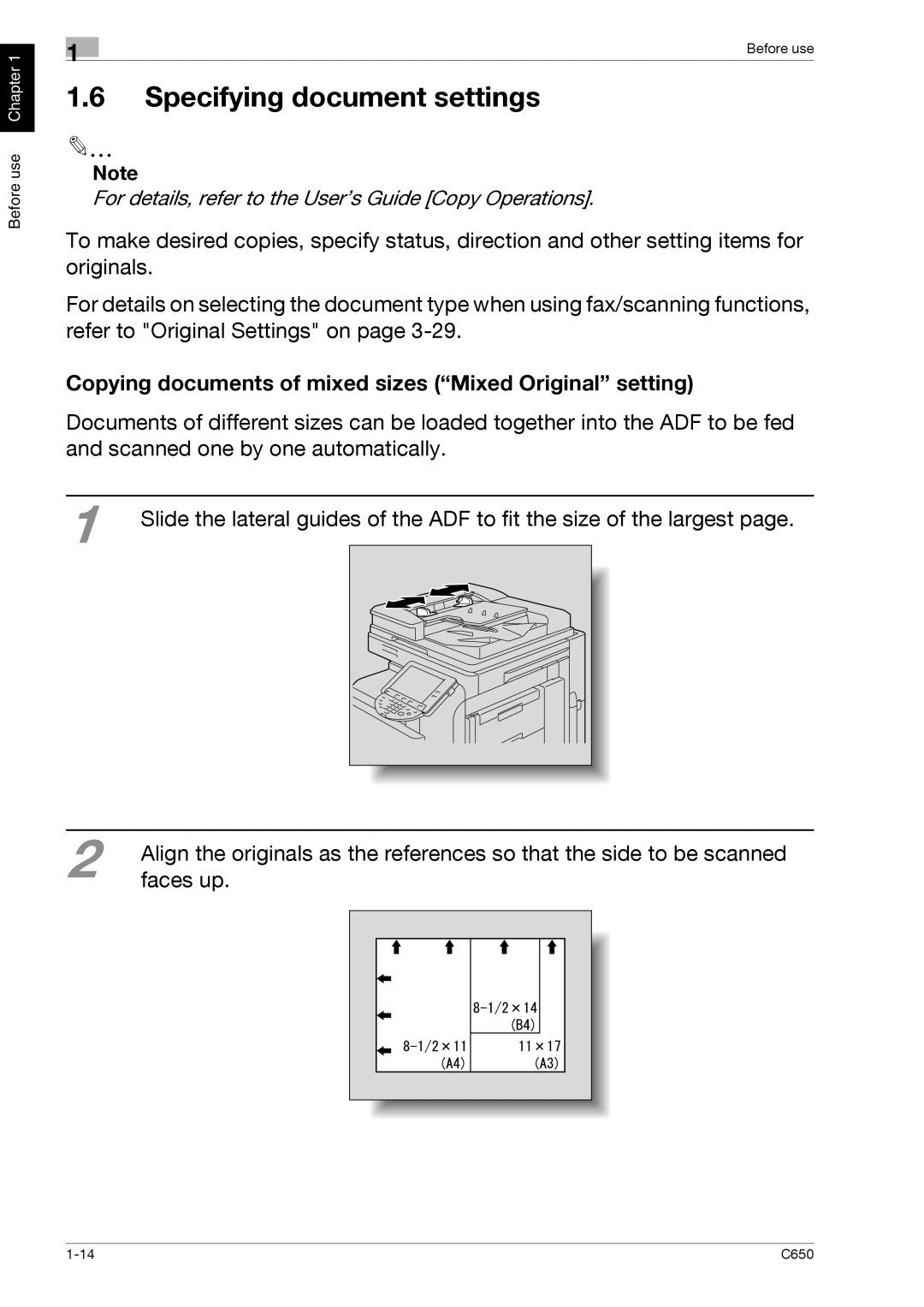 Konica Minolta C650 manual Specifying document settings, Copying documents of mixed sizes Mixed Original setting 