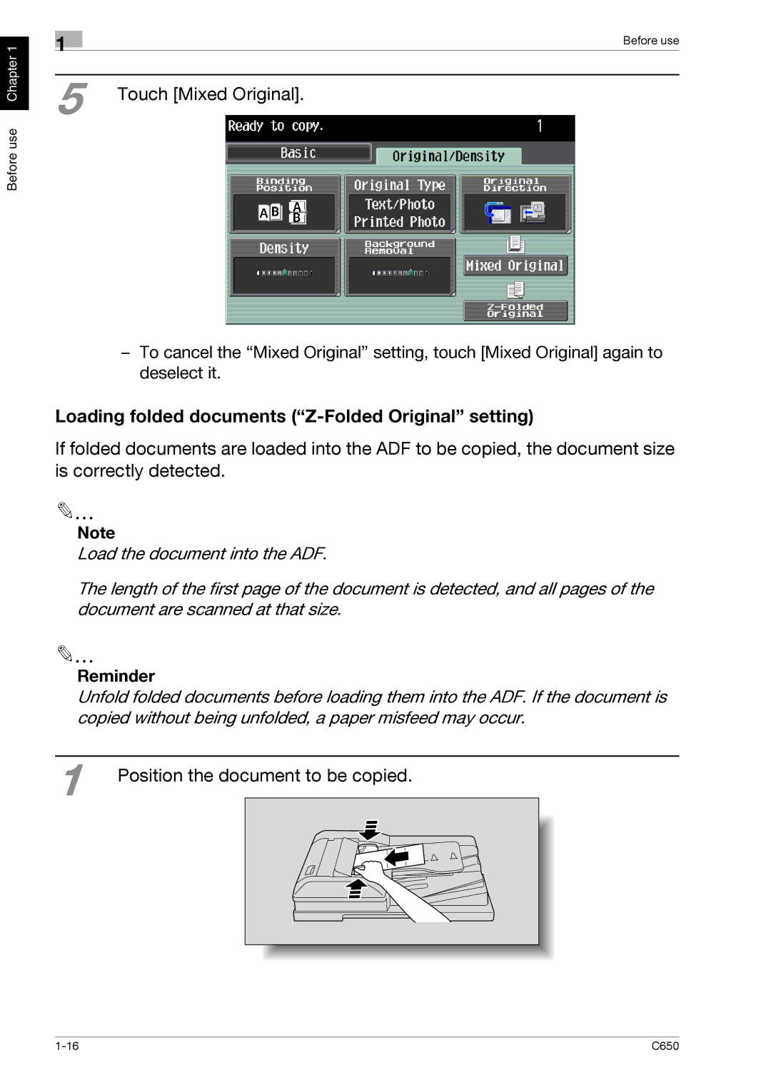 Konica Minolta C650 manual Touch Mixed Original, Loading folded documents Z-Folded Original setting 