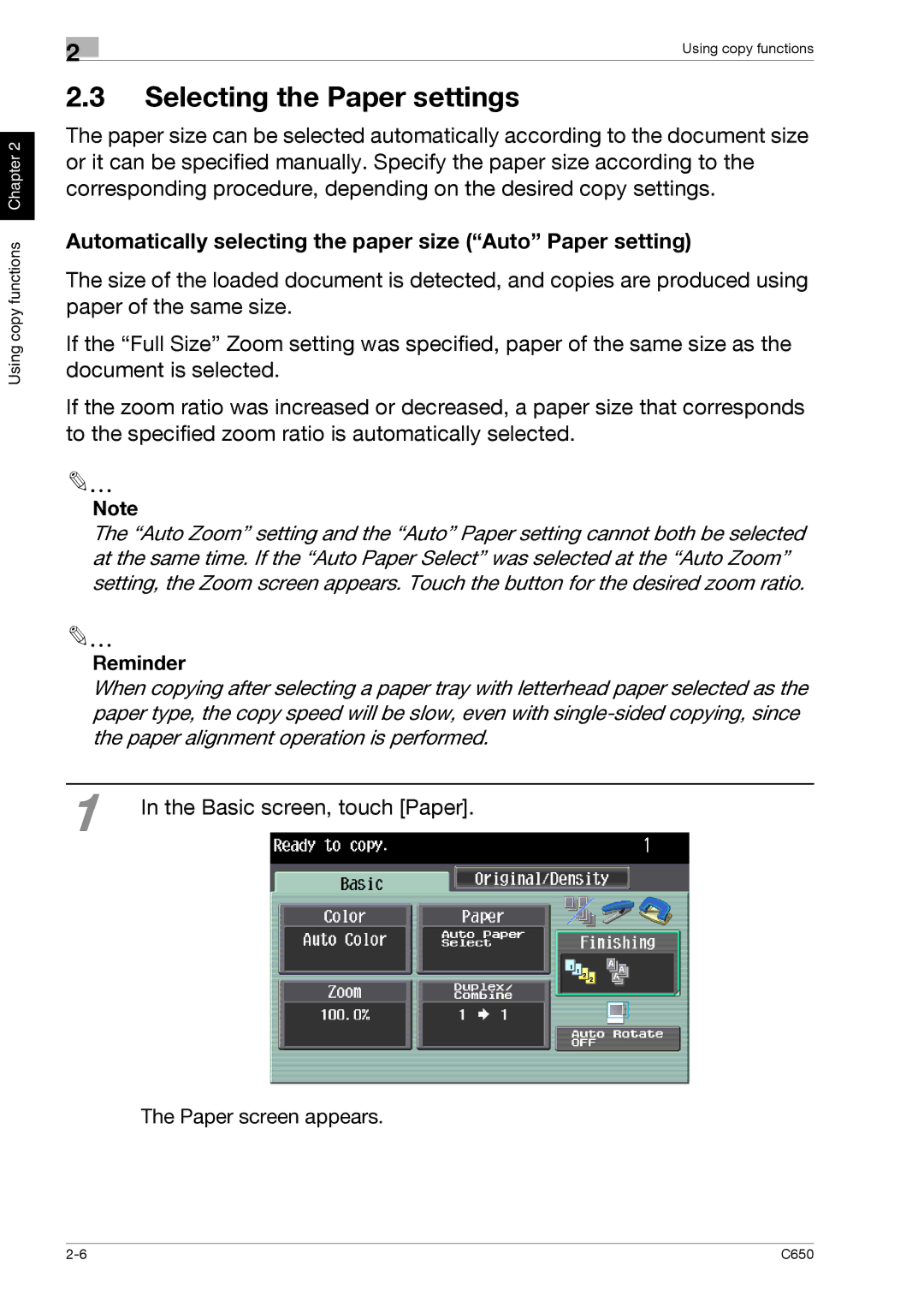 Konica Minolta C650 manual Selecting the Paper settings, Automatically selecting the paper size Auto Paper setting 