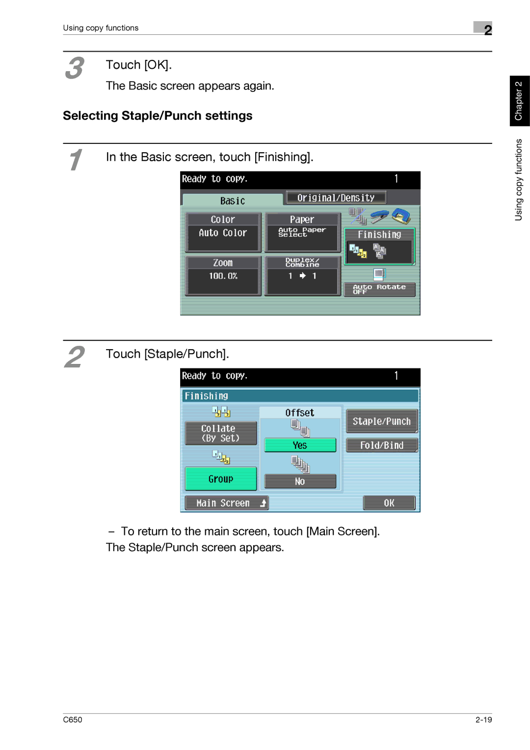 Konica Minolta C650 manual Selecting Staple/Punch settings, Touch Staple/Punch 