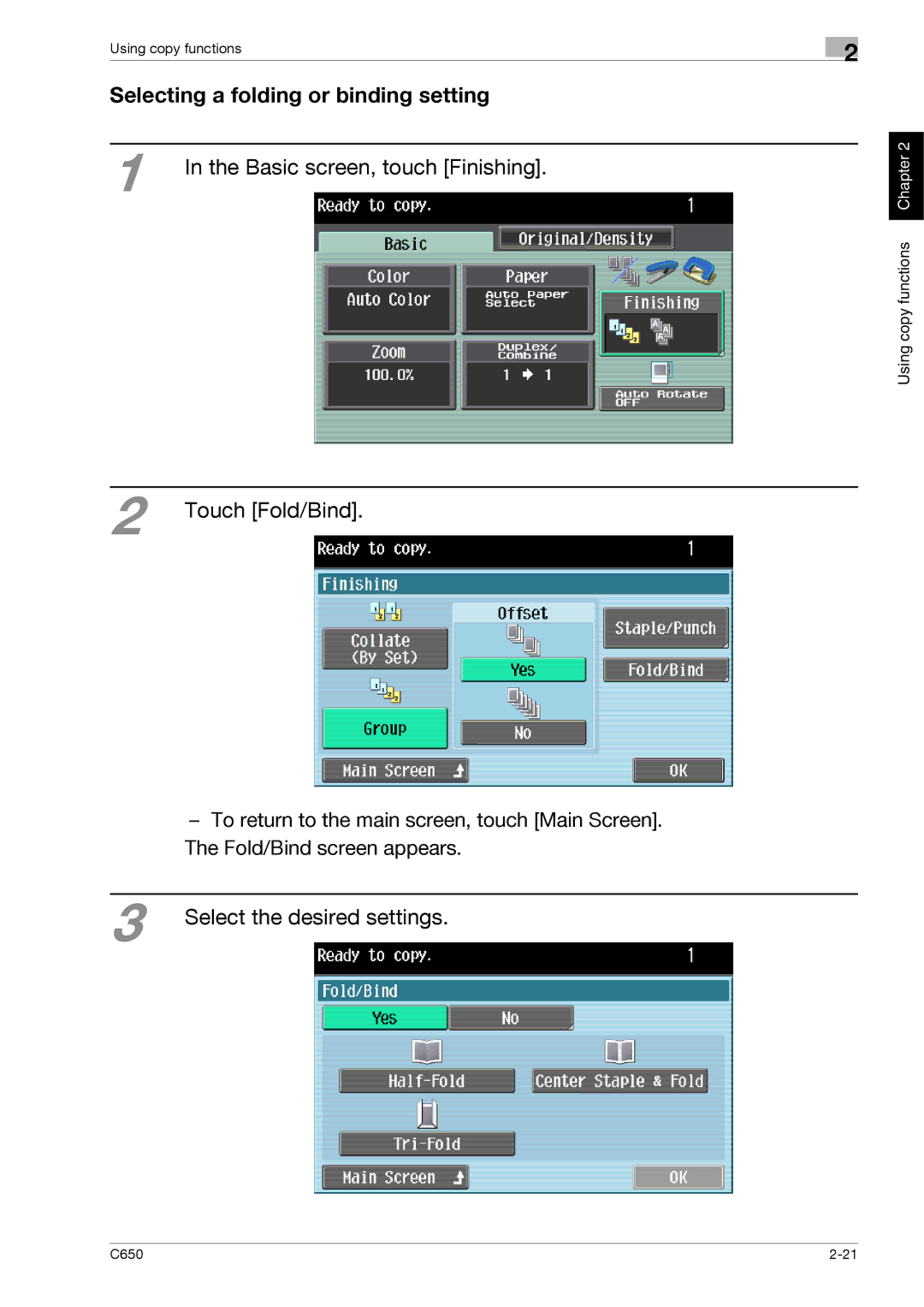 Konica Minolta C650 manual Selecting a folding or binding setting, Select the desired settings, Touch Fold/Bind 
