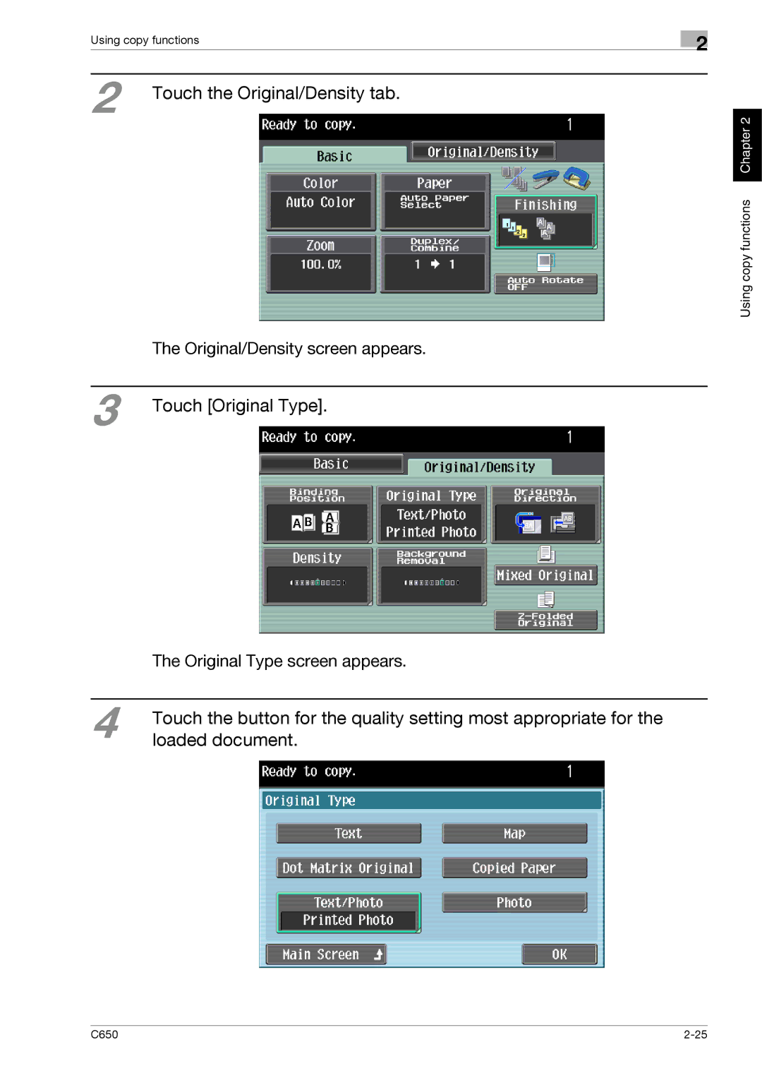 Konica Minolta C650 manual Touch the Original/Density tab, Touch Original Type, Loaded document 