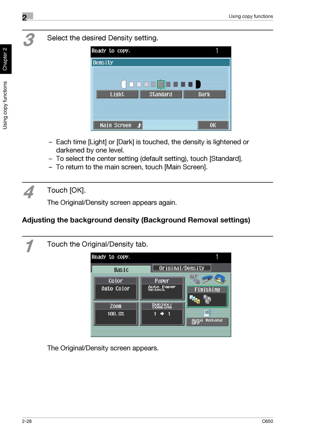 Konica Minolta C650 manual Adjusting the background density Background Removal settings, Select the desired Density setting 