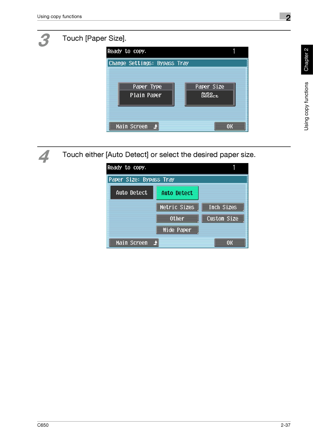 Konica Minolta C650 manual Touch Paper Size, Touch either Auto Detect or select the desired paper size 