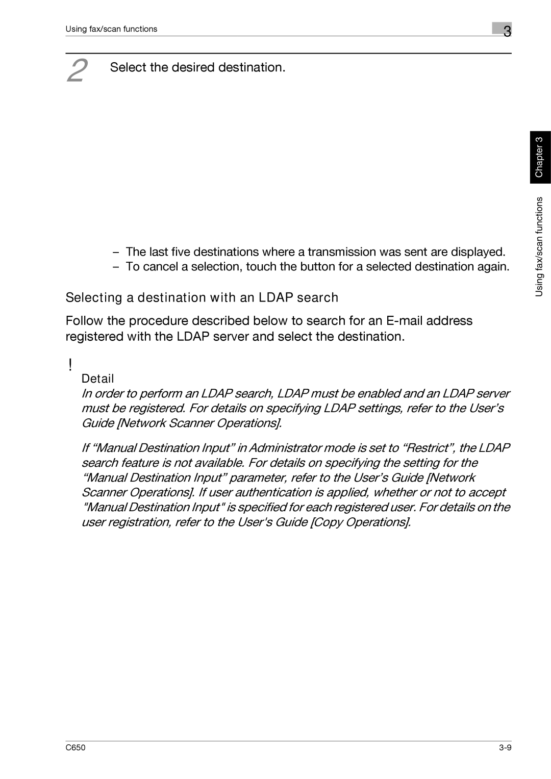 Konica Minolta C650 manual Selecting a destination with an Ldap search, Select the desired destination 